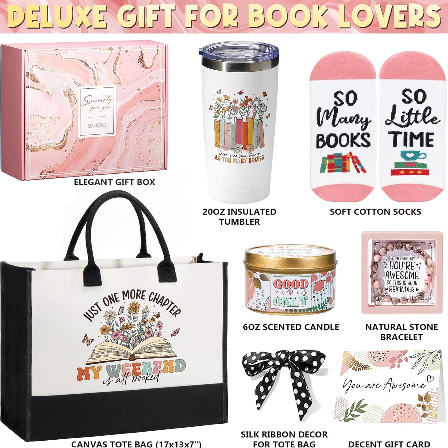 Book Lovers Gifts for Women Bookish Gifts, Reading Gift Set for Reader Book Club Book Themed Basket, Mother's Day Birthday Gift for Book Lovers Women Friends Bookworm Librarian Teacher w/ Tote Bag