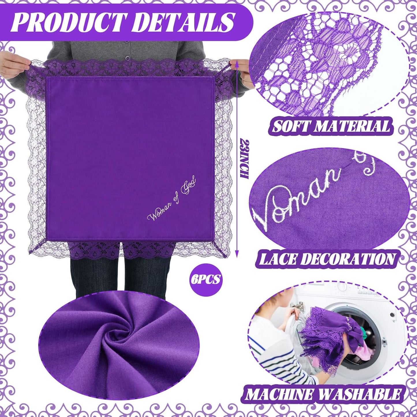 6 Pack 23'' Women Christian Gift Bulk Lap Scarf Ladies Handkerchiefs Church Religious Satin Handkerchief Gift for Mom