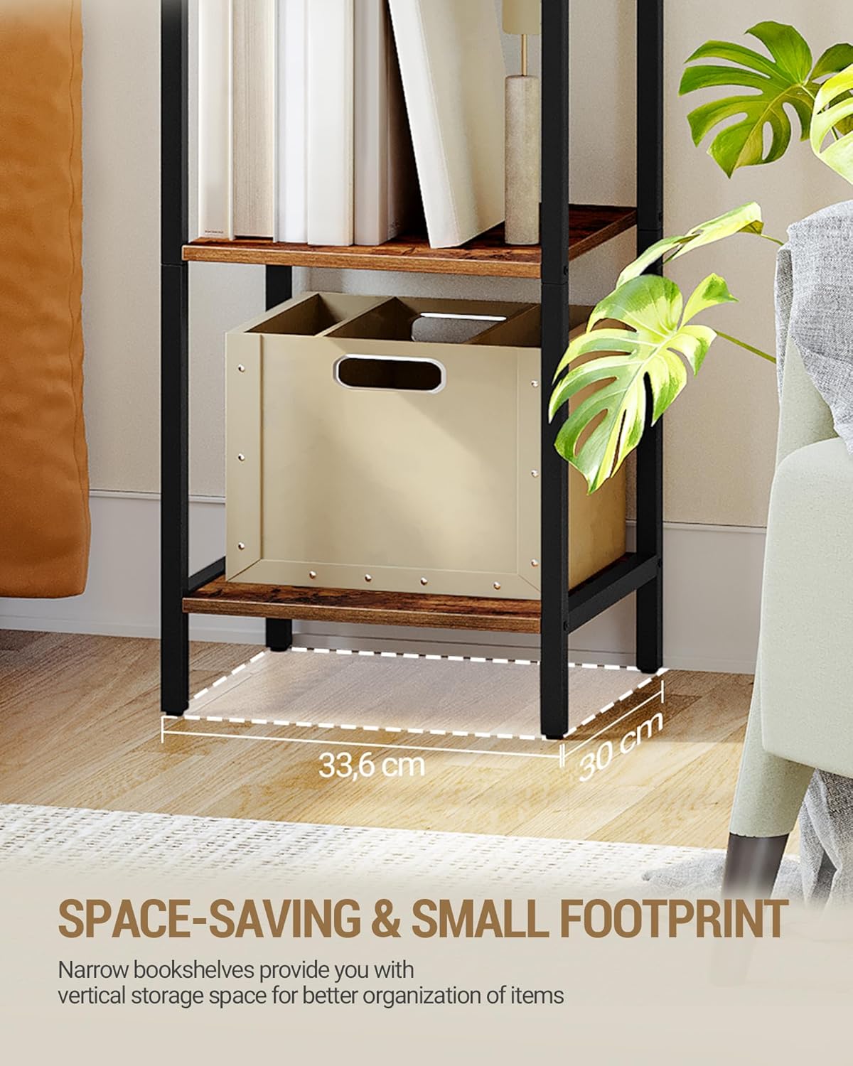 Bookshelf Narrow Bookcase, Tall Storage Rack with Steel Frame, Display Standing Shelf Unit, Skinny Book Shelf for Study Living Room Home Office, Industrial Style, 6-Tier Rustic Brown BC56001B