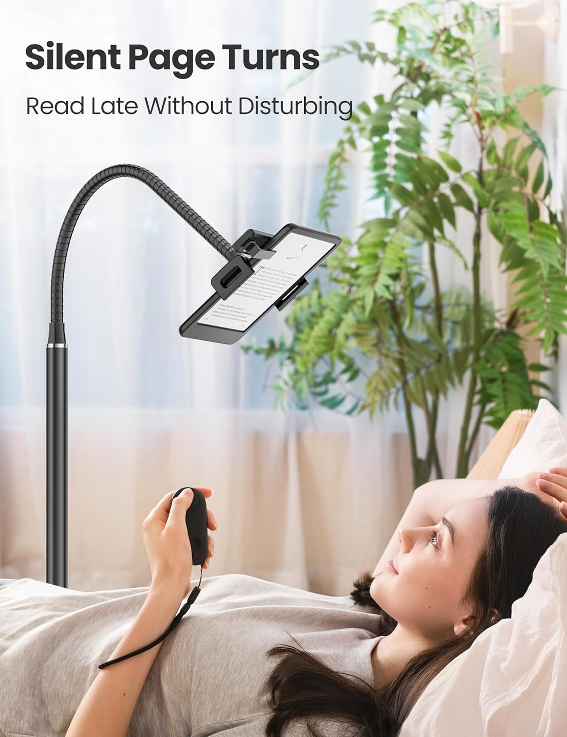 Kindle Stand Floor with Remote Page Turner for Reading in Bed, Tablet Stand Holder with Adjustable Gooseneck, Compatible with Kindle Accessories/Paperwhite, Hands Free Use Gifts for Readers