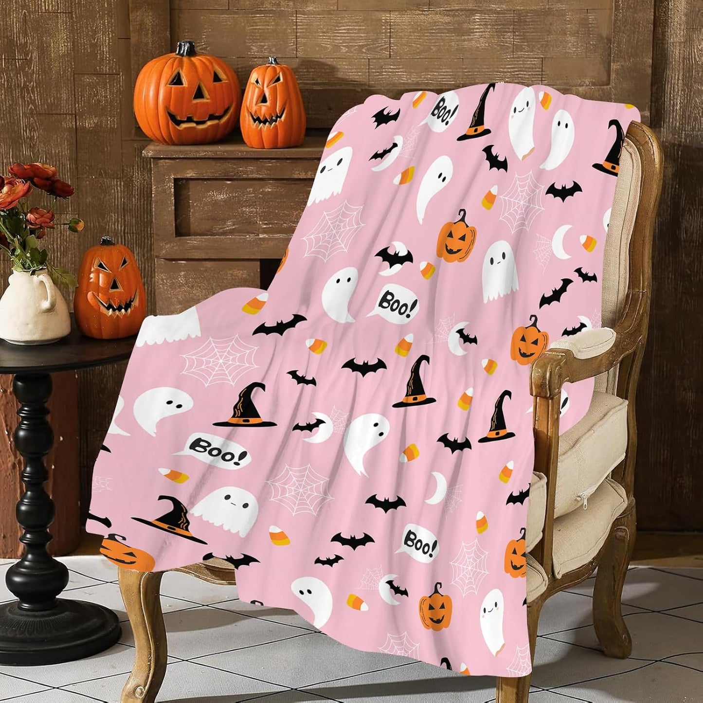 Halloween Cute Ghost Blanket - Pink With Pumpkin, Lightweight Throw for Women, Soft Cozy Fleece for Couch, Living Room, Bed - Kids Girls 50x60 Inches