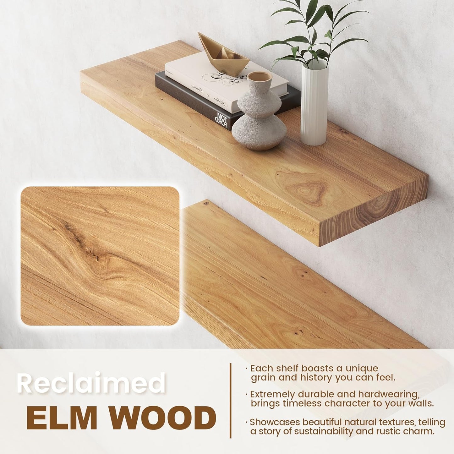 Elm Floating Shelves for Wall Decor, Rustic Solid Wood Shevles Wall Mounted with Invisible Bracket for Living Room Bathroom Bedroom Kitchen, 36 Inch Set of 2, Natural