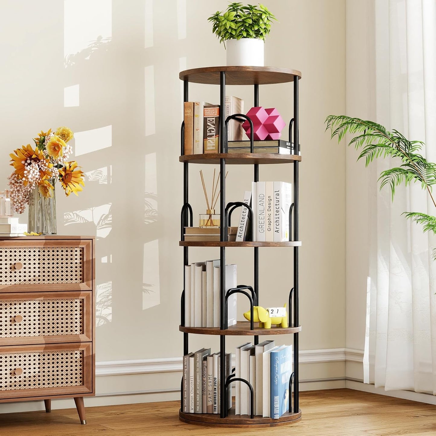 4 Tier Rotating Bookshelf, 360 ° Display Corner Book Shelf, Stackable Spinning Bookshelf Tower, Narrow Tall Revolving Bookcase, Round Swivel Storage Organizer (Black, 4 Tiers)