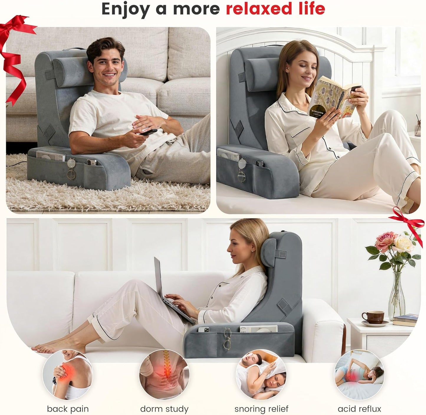 Reading Pillow for Sitting in Bed Adult, 22" Back Pillow for Bed Sitting up with Armrests & Storage Pockets, Ergonomic Wedge Pillow for Watching TV, Gaming, Working, Recovery, 5PCS, Grey