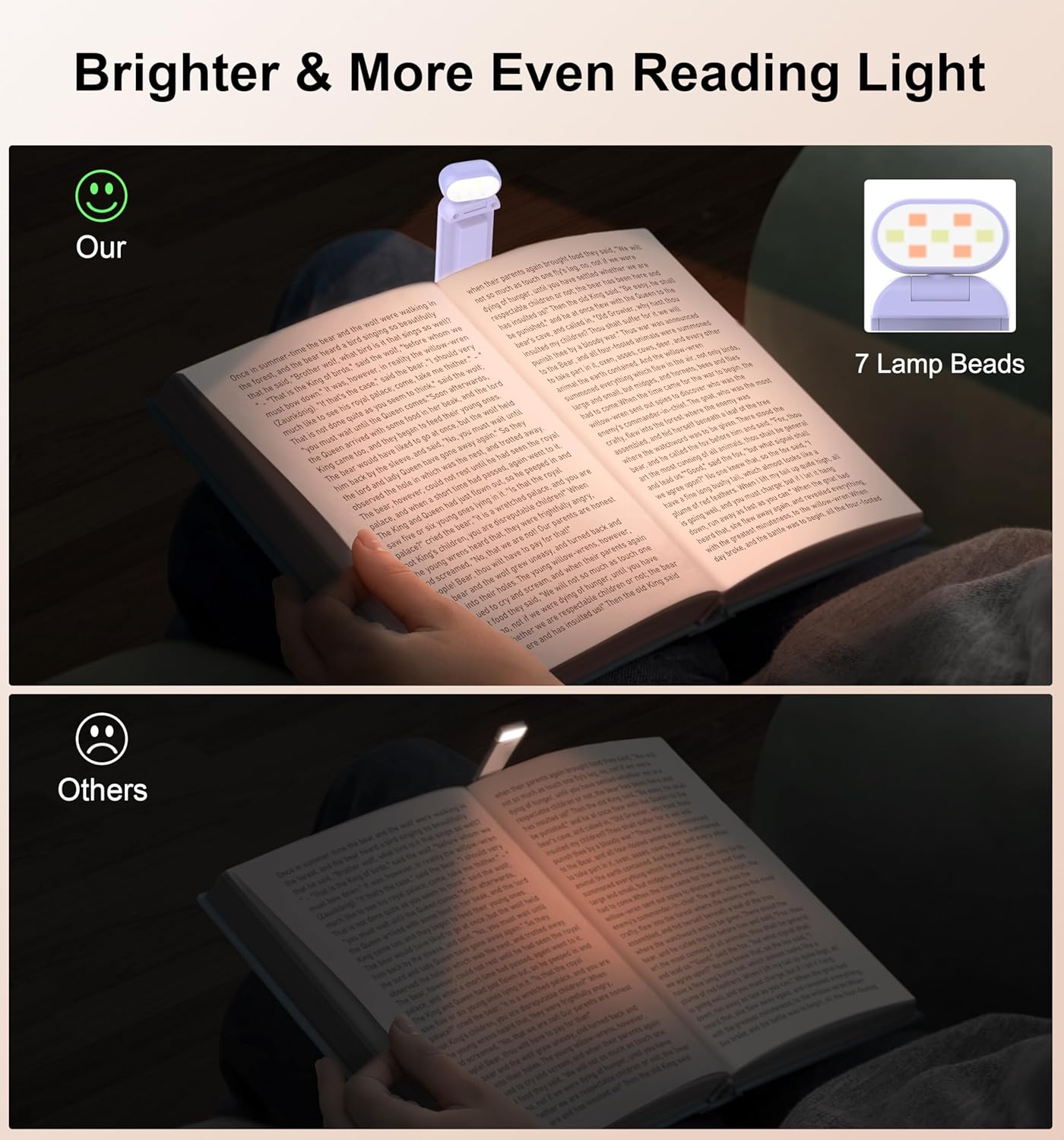Gritin Reading Light, Book Light for Reading in Bed - Eye Caring 3 Colors, 5-Level Dimmable Brightness,Long Lasting, Compact Size Rechargeable Clip on Book Reading Light for Book Lovers-Purple