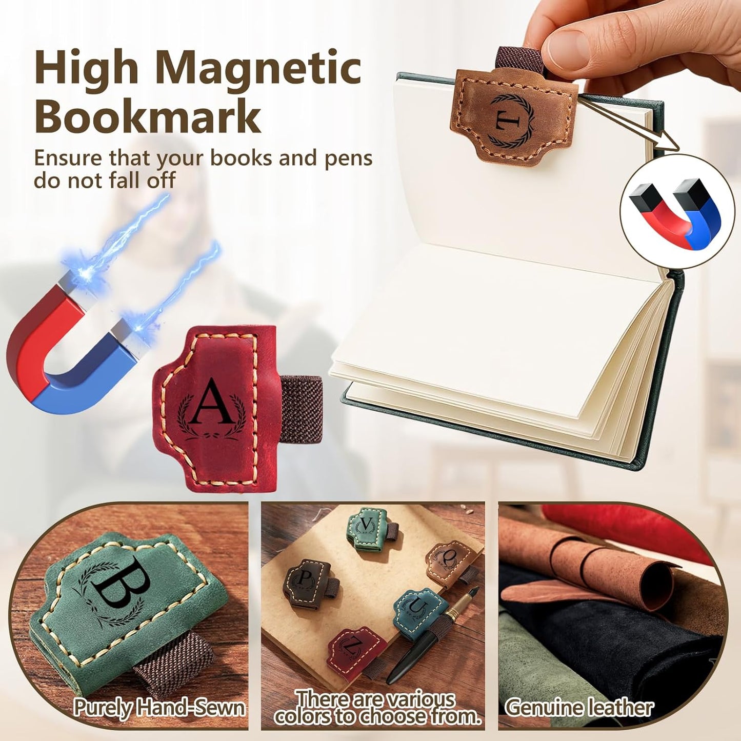 Custom Bygone Mark Bookmark with Pen Holder, 26 Letters Name Initial Personalized Magnetic Leather Bookmark, Gifts for Book Lovers, Readers, Travelers, Leather Book Marks (Blackish Green, A)