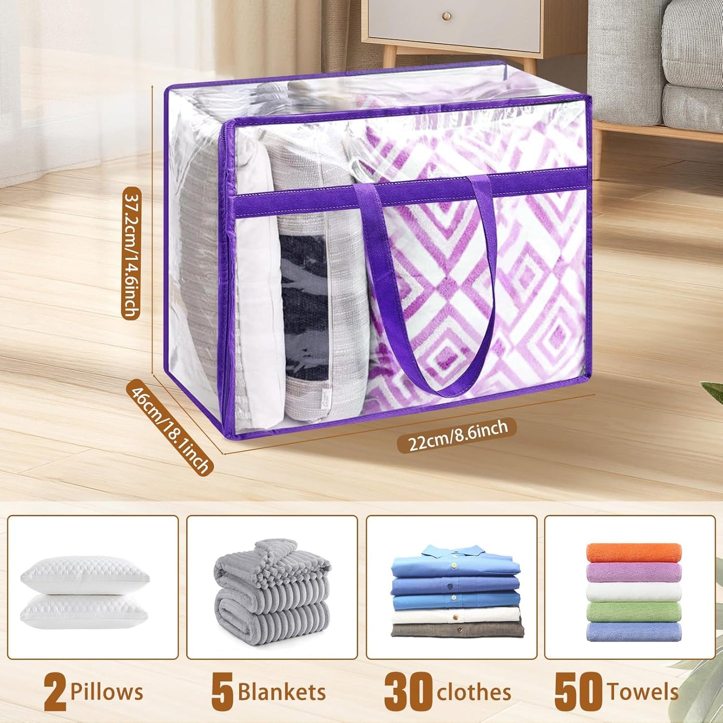 6 Pack Clear Storage Bags, 40L Clothes Storage Bag,Foldable Moving Bags with Zipper and Reinforced Handle,Clear Closet Organizers for Clothes,Comforter, Blanket, Bedding