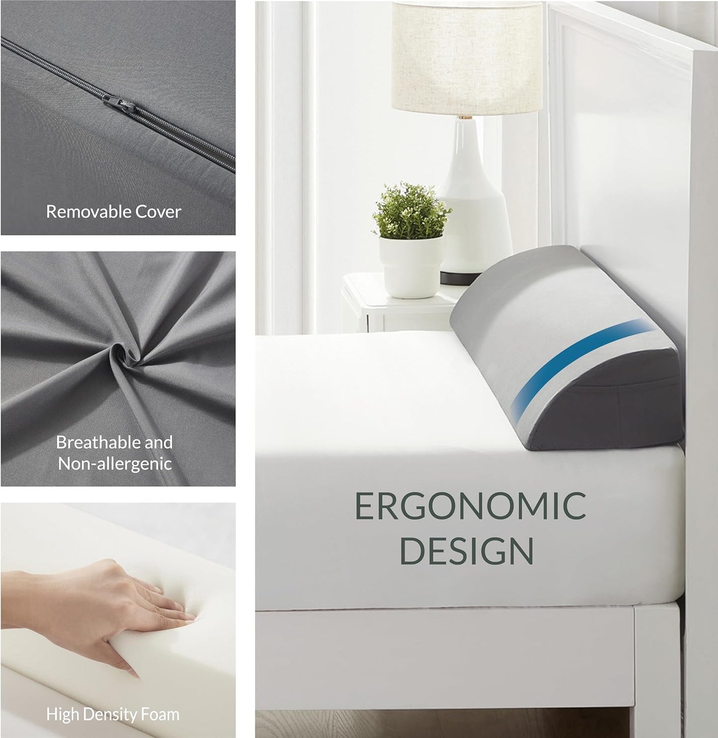 Hearth & Harbor Bed Wedge Pillow for Headboard, Bed Gap Filler King Size with Side Pockets, Headboard Wedge Pillow for Sleeping, Triangle Mattress Gap Filler 76”x10” Pillow Wedge for Headboard Gap
