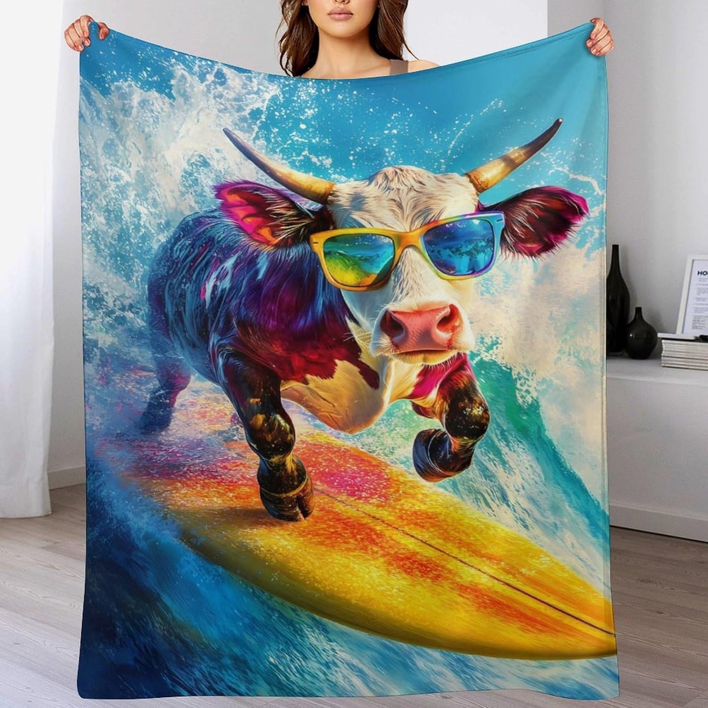 Funny Cow Ocean Surfing Throw Blanket for Couch Bed Plush Cozy Fuzzy Flannel Blanket for All Season 40"x50"