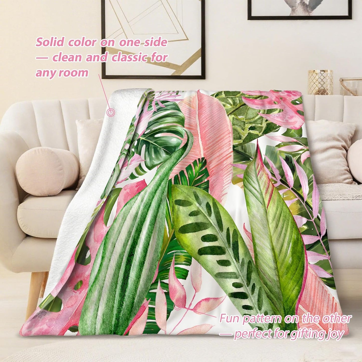 Pink and Green Tropical Palm Leaf Throw Blanket Monstera Leaves Jungle Plant Flannel Blankets for Couch Bed Living Room Sofa, Decorative Patterned Super Soft Cozy, 50x60 in