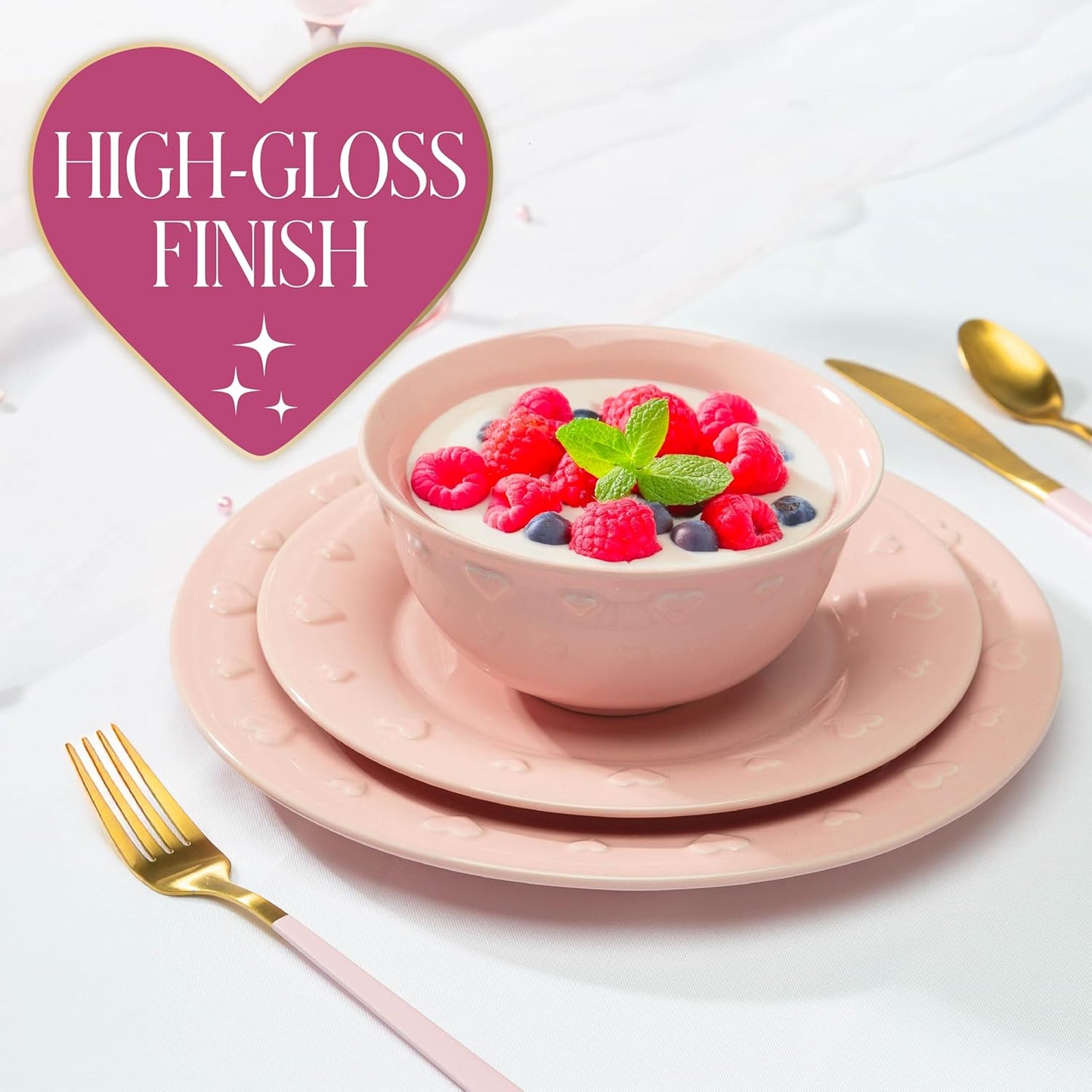 Paris Hilton 12-Piece Dinnerware Set, Embossed Hearts. Iconic Ceramic Stoneware Service for 4 with Dinner Plates, Salad Plates, and Bowls, Microwave & Dishwasher Safe, Pink