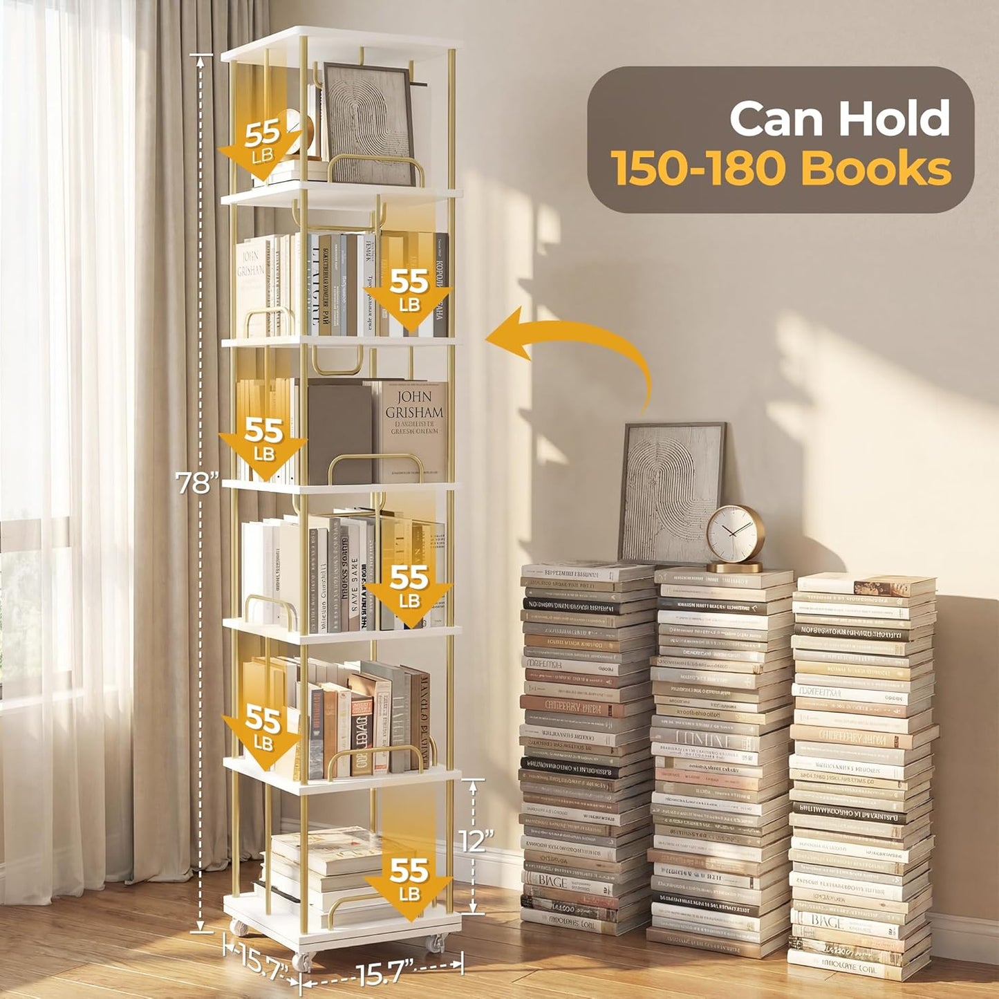 Rotating Bookshelf, 6 Tier Tall Skinny Revolving Bookcase Tower White Gold Modern Book Shelves Narrow Book Shelf with Wheels, 360° Floor Corner Spinning Bookcases for Living Room Bedroom