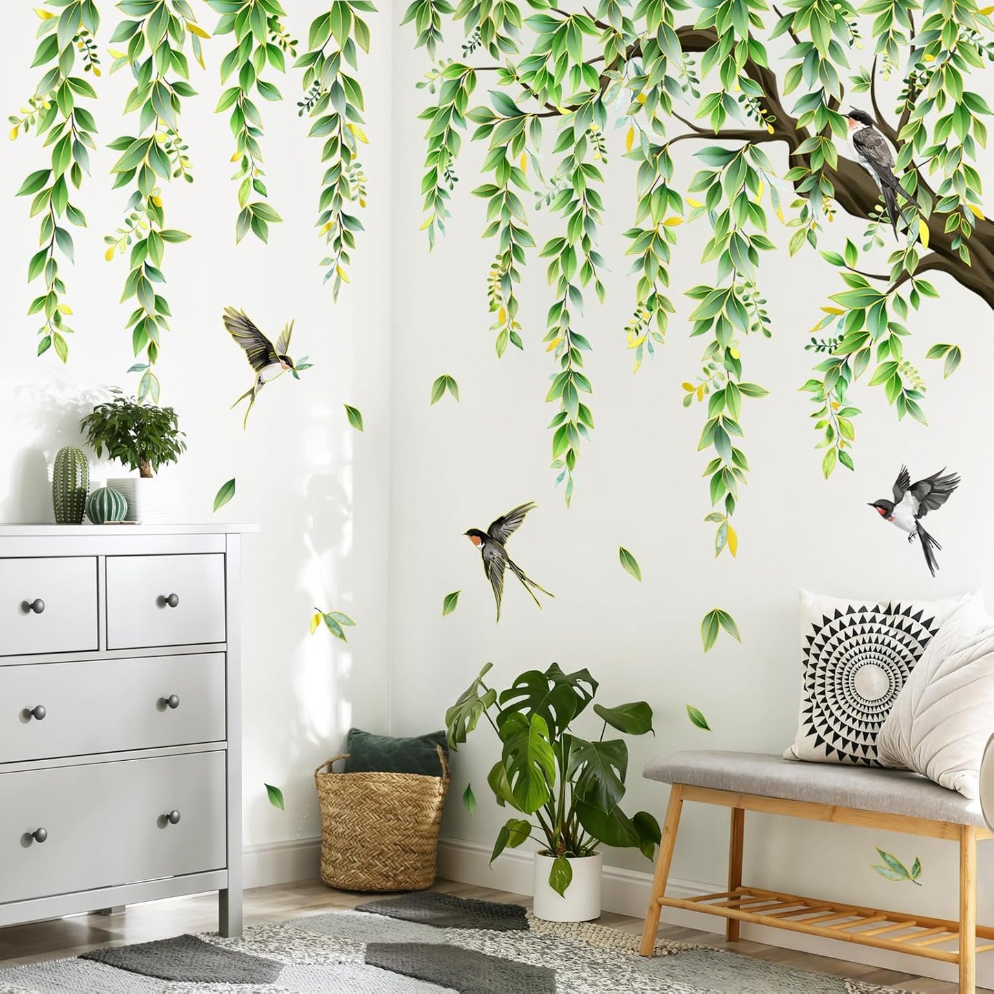 Supzone Large Green Tree Branch Wall Decals Hanging Green Vine Leaves Birds Wall Stickers for Living Room Bedroom Sofa TV Background