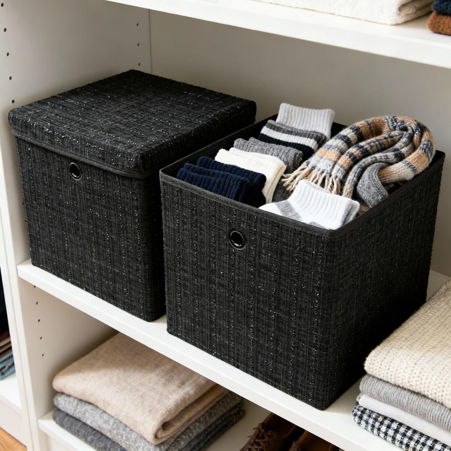 Chenille Fabric Storage Cubes with Lids, Foldable Collapsible Storage Bins Sturdy Cube Organizers for Clothes Toys Blankets Bedroom Closet Shelf Home Organization