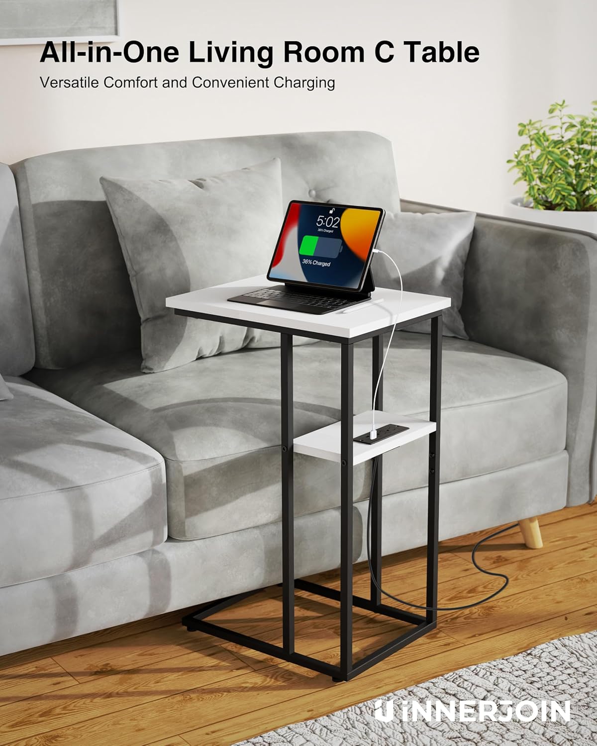 Innerjoin Side Table with Charging Station Set of 2, C Shaped End Table with LED Light Strip, Fast Charge USB A&C Ports, Small Sofa Snack Laptop Side Table for Living Room Bedroom, White