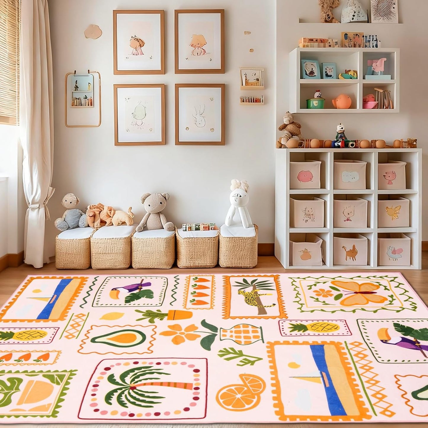 Instellar Kid's Rug for Playroom-8x10 Washable Non Slip Low Pile Area Rug,Cute Animal & Plant Patterns Carpet for Bedroom,Study,Classroom（Light Pink）