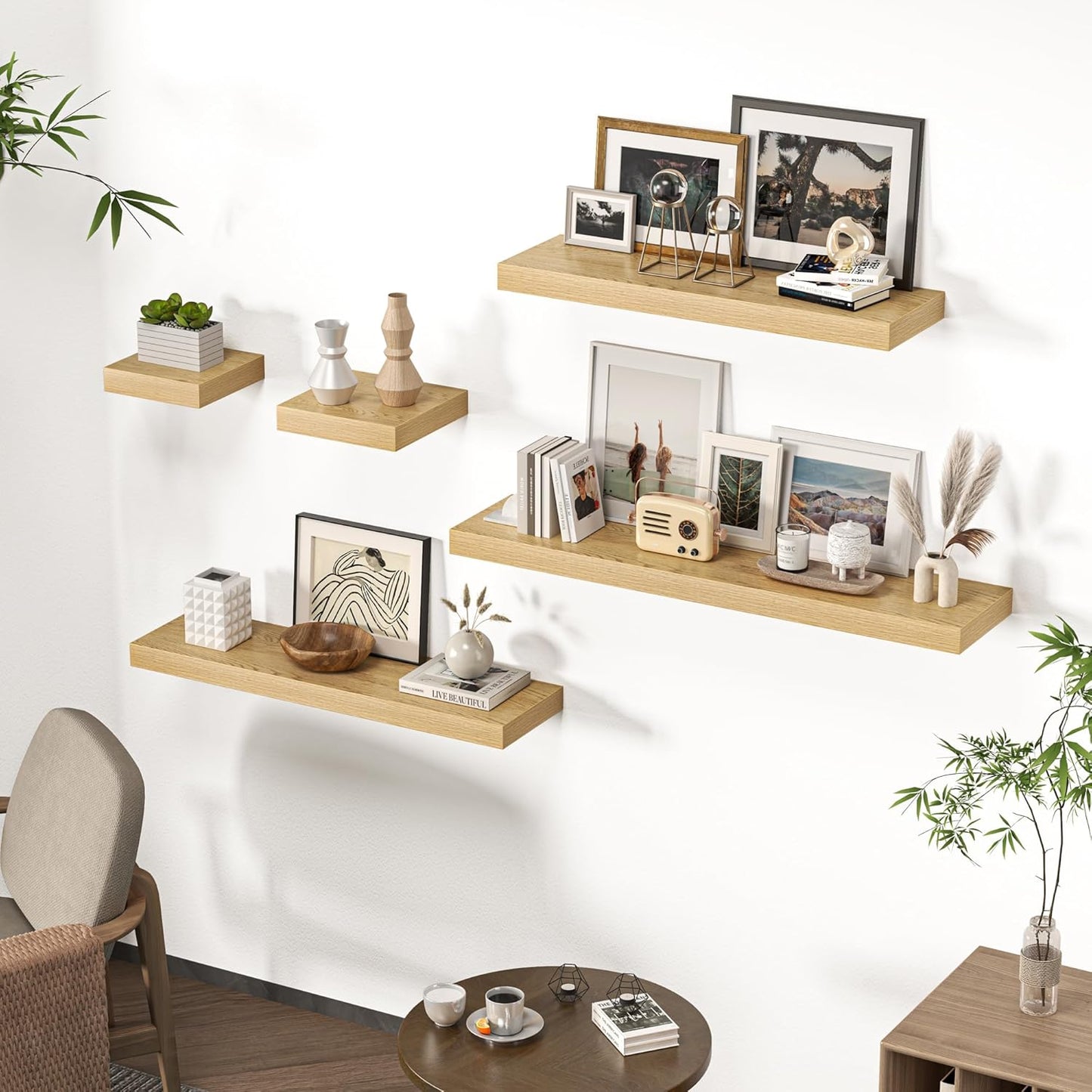 Square Floating Shelves for Wall, 10" W x 10" D x 1.4" H, Small Wooden Wall Mounted Display Shelves with Invisible Brackets for Living Room, Bedroom, Bathroom, Kitchen Decor, Set of 4, Oak