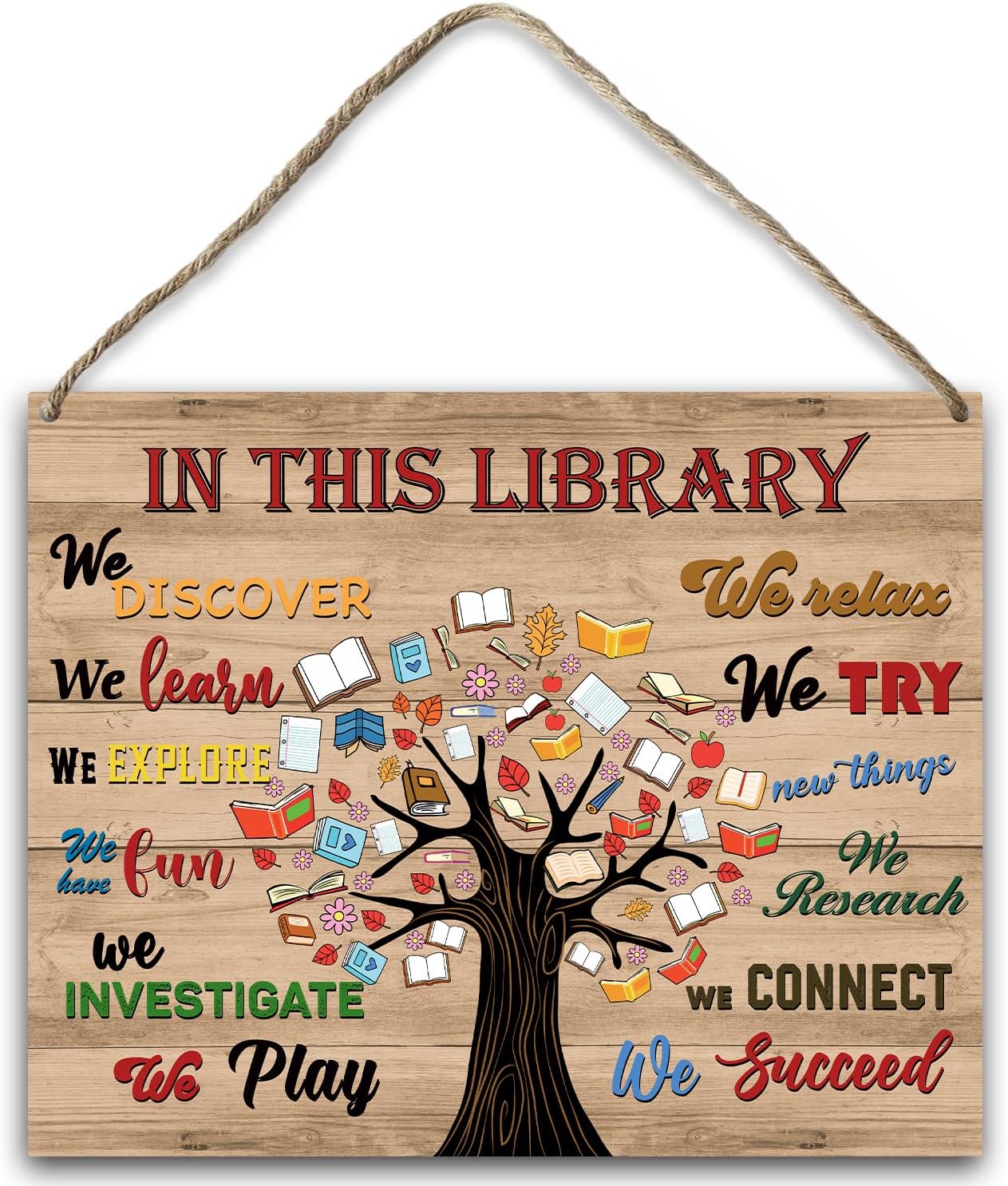 In This Library Wood Hanging Sign, Welcome Reading Room Art Wood Sign Plaque with Rope, Wall Wooden Plaque Hang Ornament, Study School Door Shelf Decor Supplies, Inspirational Christmas Gift -60