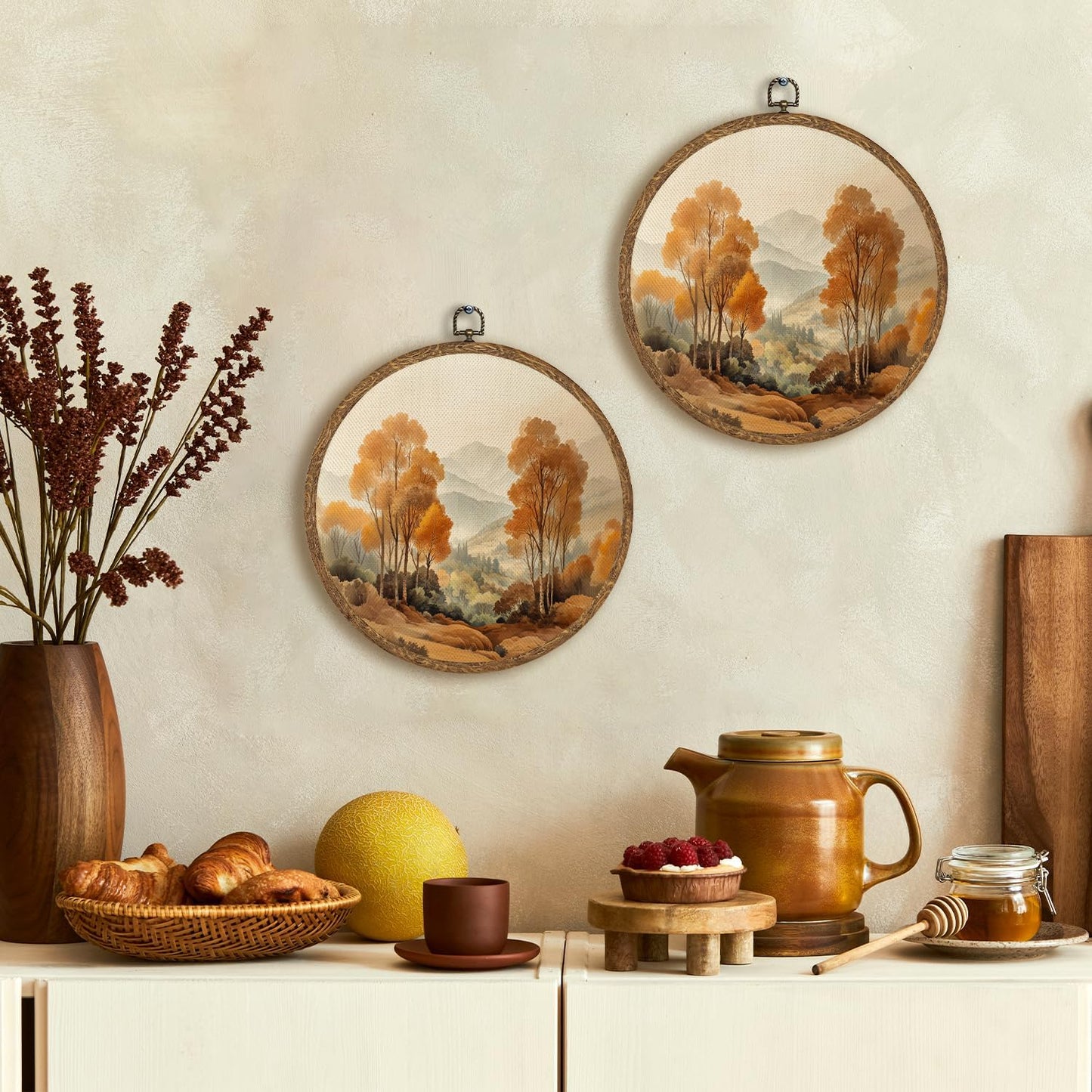 WMSYUO Modern Natural Scenery Wall Art Decor 10x10 Inch Framed, Warm Forest Canvas Prints,Aesthetic Circular Art for Home Living Room, Unique Gift for Friends, Neutral Retro Artwork (Yellow-tree)