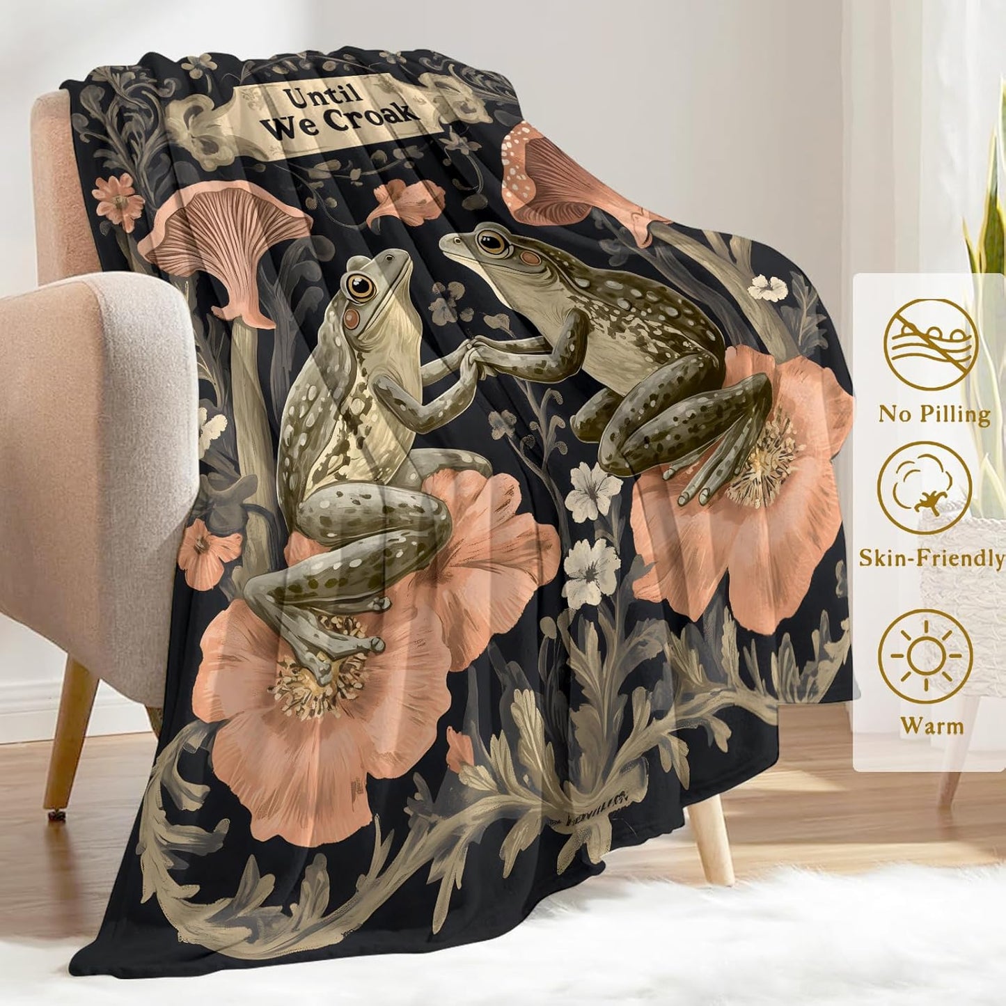 Frog Couple Flannel Blanket - Lightweight Soft Cozy Gifts Blankets for Nature Lovers, Kids,Adult,Women,Vintage Mushroom Woodland Art Style Throw,Home Room Modern Whimsical Decor 60x80in