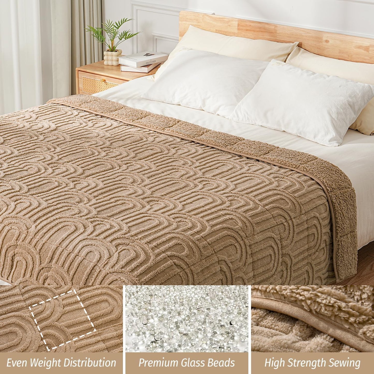 Wemore Jacquard Fleece Weighted Blanket Queen Size 60" x 80" 15lbs, Ultra Soft Cozy Sherpa Weighted Blankets for Adults, Ultra Fuzzy Heavy Blanket for Sleep, Fluffy Warm Throw for Bed, Brown