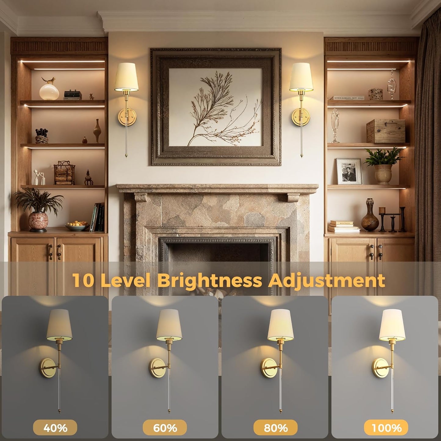 DORESshop Battery Operated Wall Sconce Set of 2, Wall Light Wireless Easy to Install, Dimmable and Adjustable Sconce Wall Decor, Rechargeable Wall Lamp for Bedroom, Living Room, Gold and Glass 24.6in