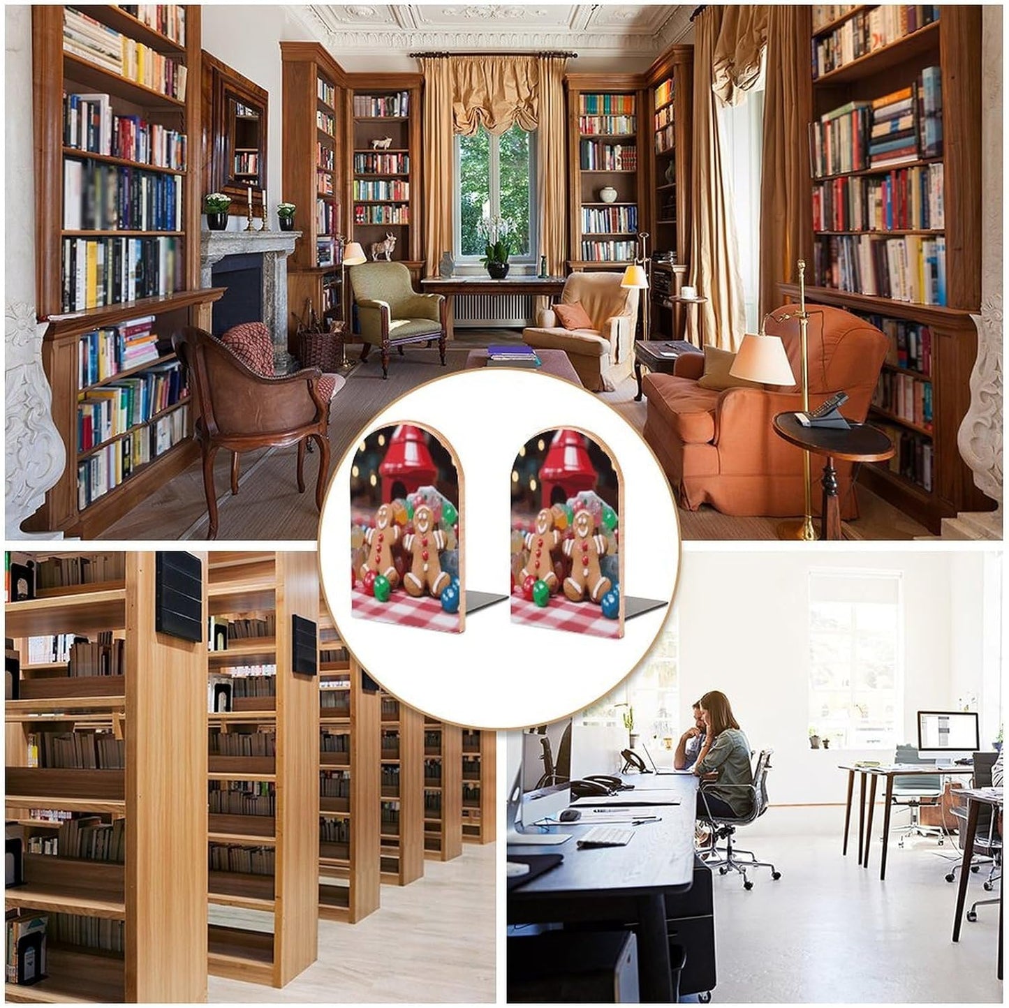 Gingerbread Man Candy Bookends 1 Pair Heavy Duty Book Ends for Shelves Non-Skid Bookend Supports Wooden Book Holders with Metal Base Desk Organizers Books Storage to Hold Books