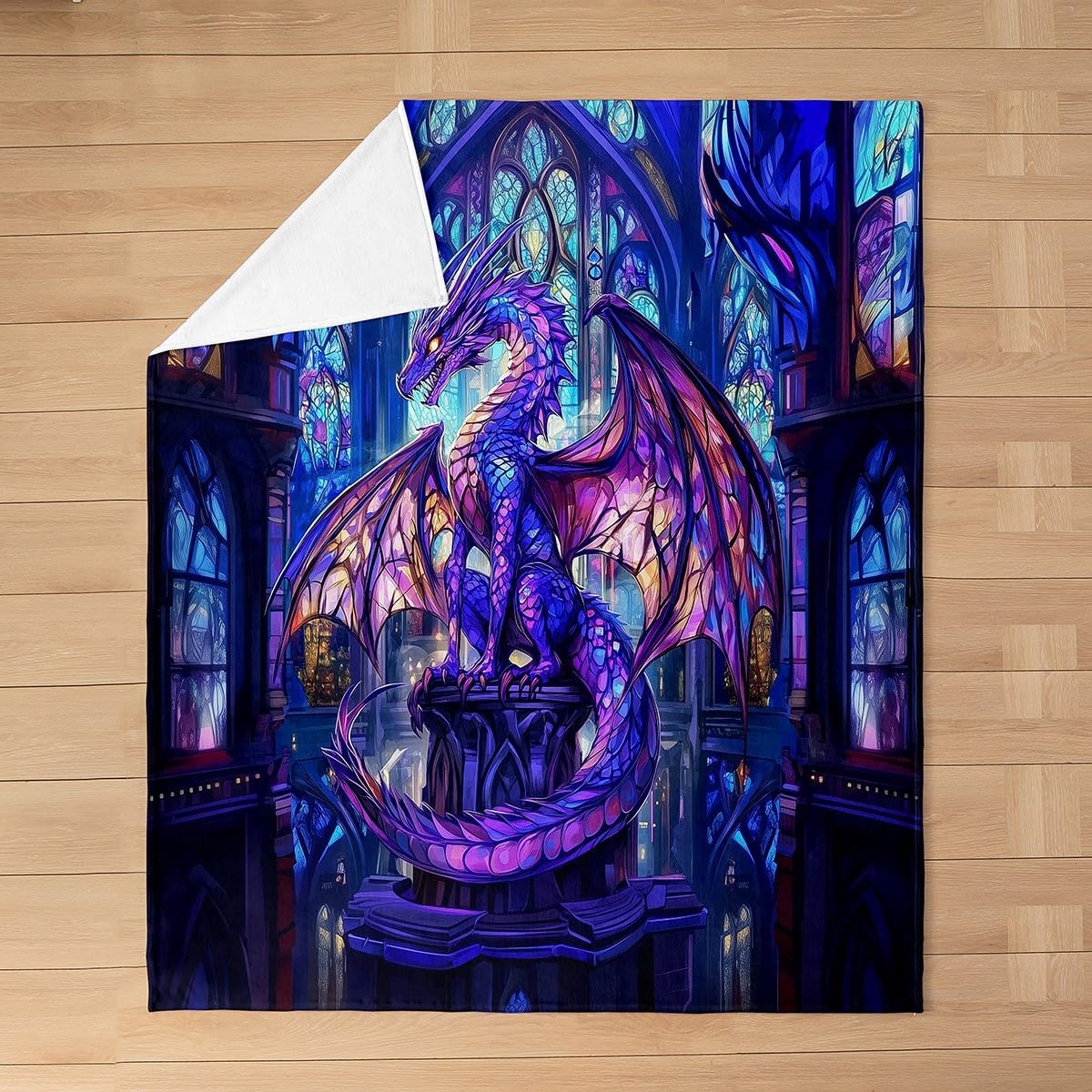 Western Dragon Kids Flannel Blanket,Flying Wing Purple Dragon Bed Blanket for Boys Girls,Castle Tale Trippy Animal Geometric Fleece Blanket,Blue Christmas Fuzzy Blanket,Queen Size (90 x 90 Inches)