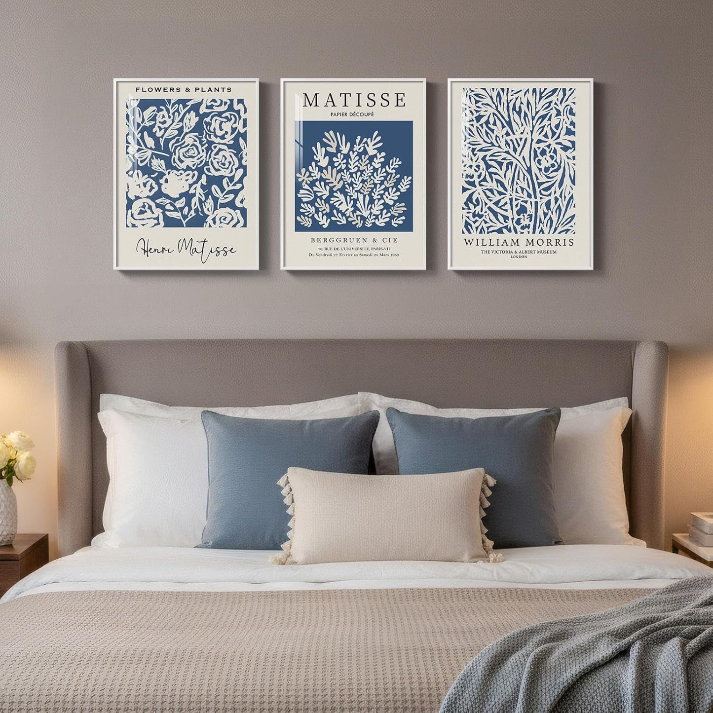 Framed Blue Matisse Wall Art for Room Decor, 3 Piece Botanical Artwork for Walls, Vintage Blue and White Plant Canvas Print, William Morris Painting Picture for Bedroom Living Room Hallway, 12x16 Inch