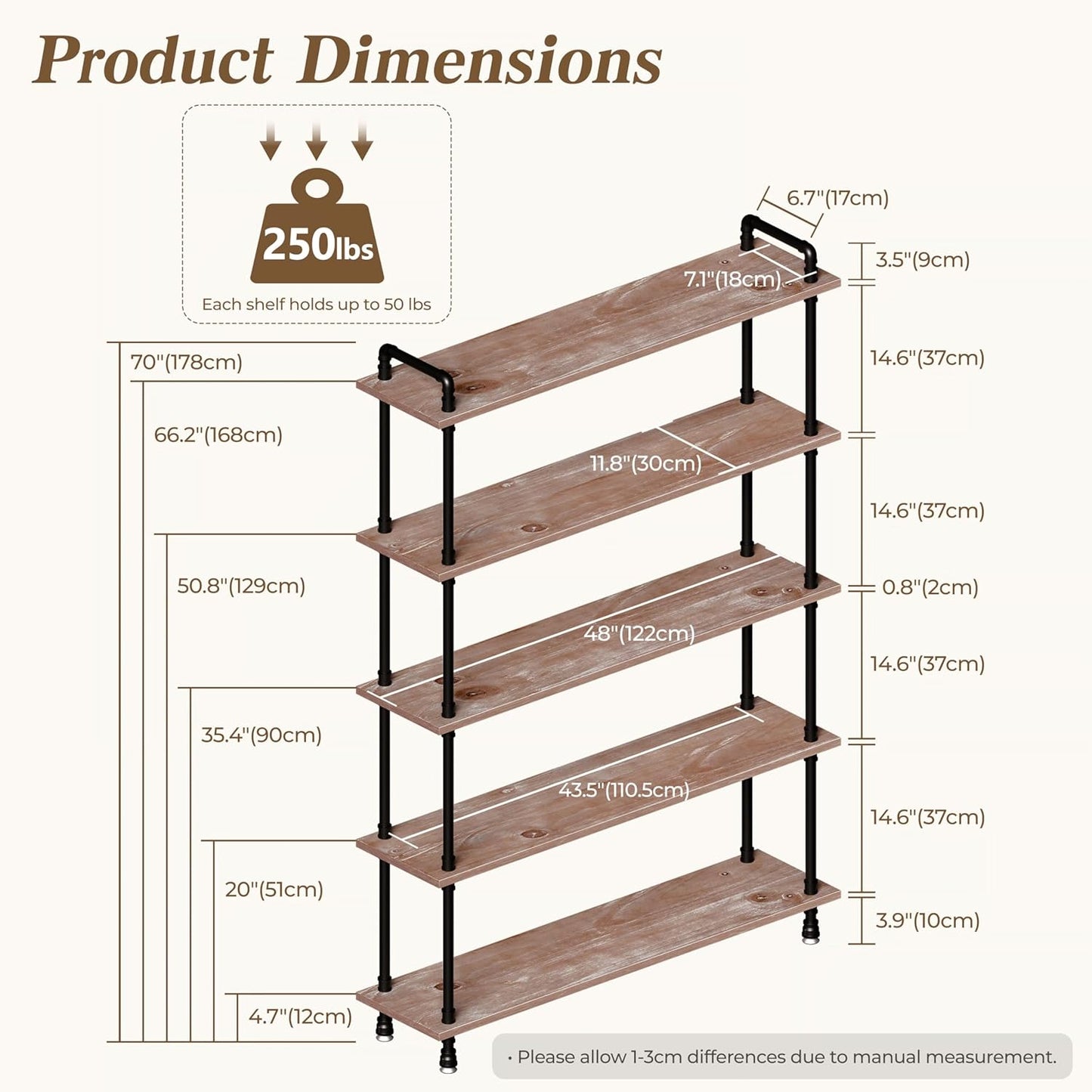 Industrial Bookshelf, 5-Tier Pipe Shelf, Wall Mounted Bookcase for Home and Office (Weathered Brown, 48" L x 11.8" W x 70" H)