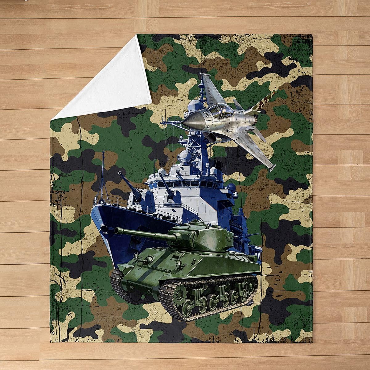 Feelyou Army Camouflage Fleece Throw Blanket,All Season Military Aircraft Print Bed Blanket Ship Tank Camouflage Flannel Fuzzy Blanket for Bed Sofa Couch,Bedroom Decor Plush Blanket Throw 50"x60"