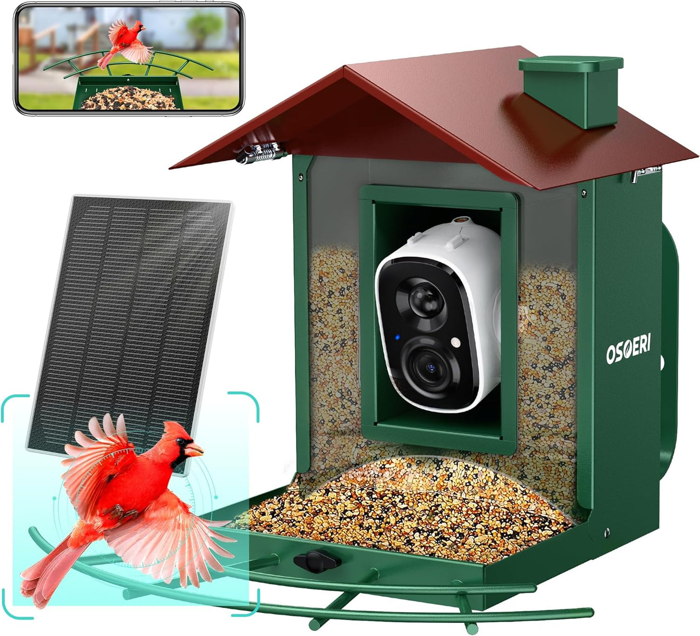 Osoeri Bird Feeder with Camera, Camera Bird Feeder for Outside, Solar-Powered, Smart AI Identify Birds, Auto Capture Video & Instant Arrival Alert, Ideal Gift for Family and Birdlover