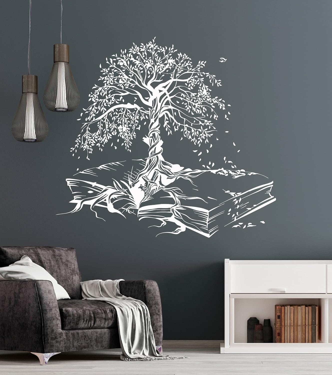 Vinyl Wall Decal Tree Book Leaves Knowledge Library Reading Room Stickers Mural Large Decor (ig5200) (XL 45 in X 50 in, Grey)