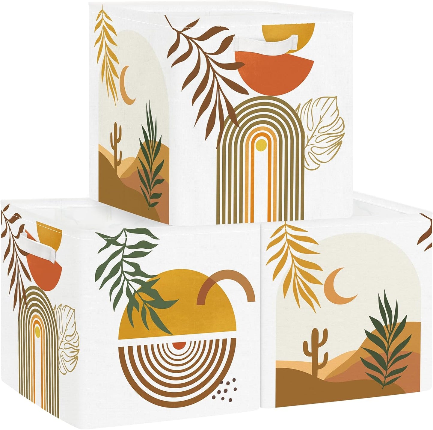 11.8" Boho Leaves Storage Cube Organizer Mid Century Modern Clothes Storage Basket Bin for Closet Shelf Art Abstract Geometry Nursery Kid Room Book Toy Chest, 3Pcs