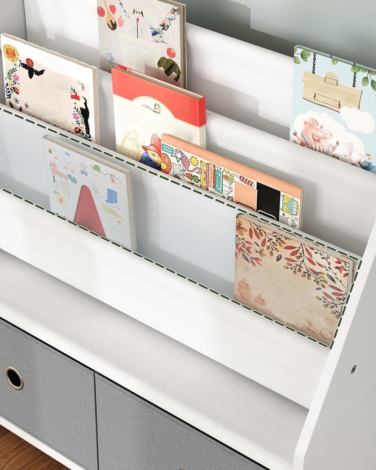 Kids Bookshelf and Toy Storage, 4 Tier Large Capacity Kids Book Rack, Sling Kid Bookcase, for Kids Room, Nursery, Playroom, White and Gray MCW06WT