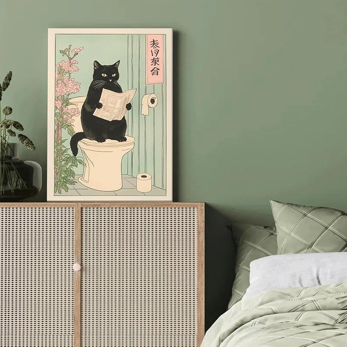 COYIKC Japanese black cat on toilet Canvas Wall Art Funny bathroom print Toilet poster Japanese Cat Wall Decor Pictures Aesthetic Minimalism Artwork Neutral Painting Home Decoration,12x16in