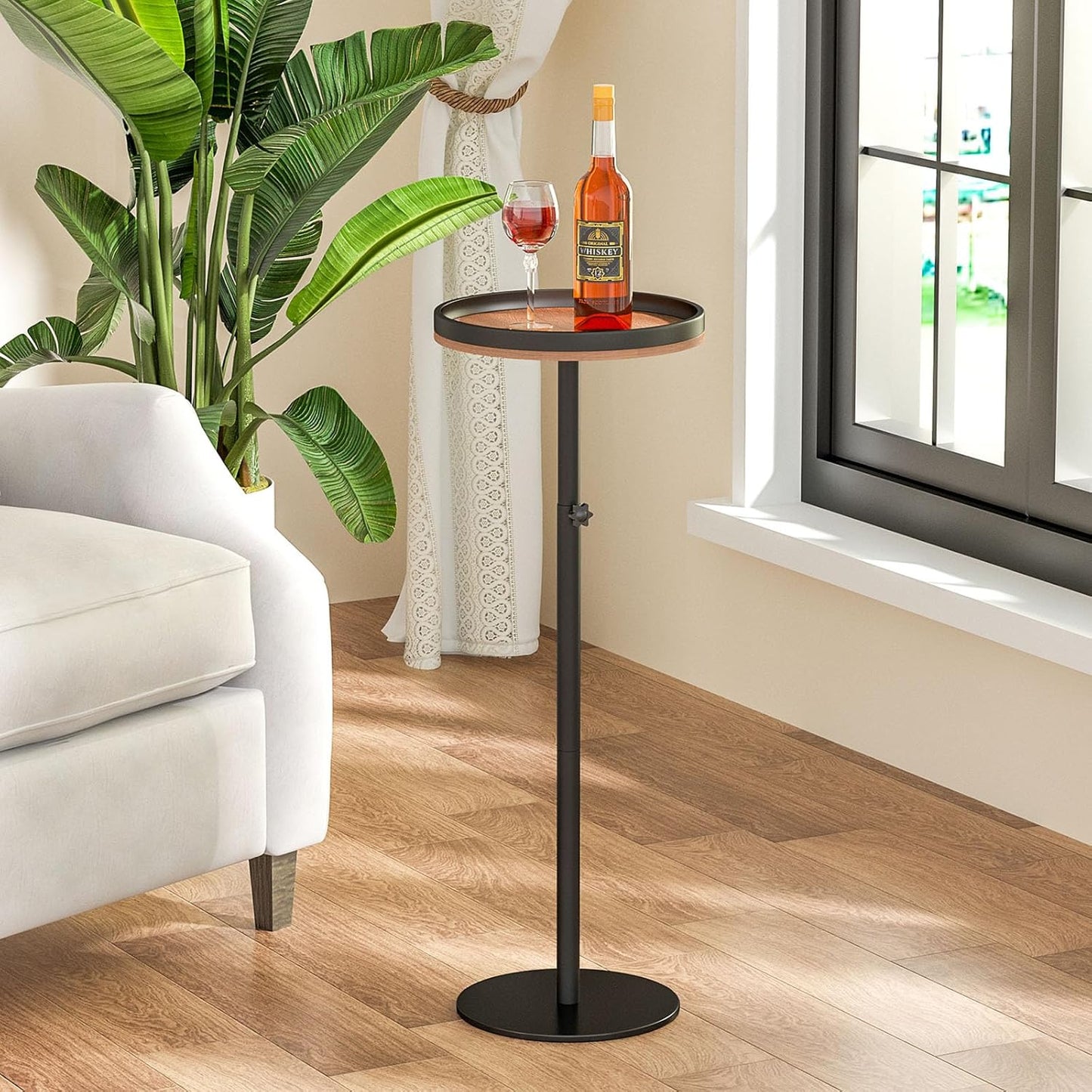 Small Round Side Table, Adjustable Height Drink Table for Small Spaces, Martini Table with Pedestal Accent for Living Room, Bedroom, Sofa Couch, Rustic Brown