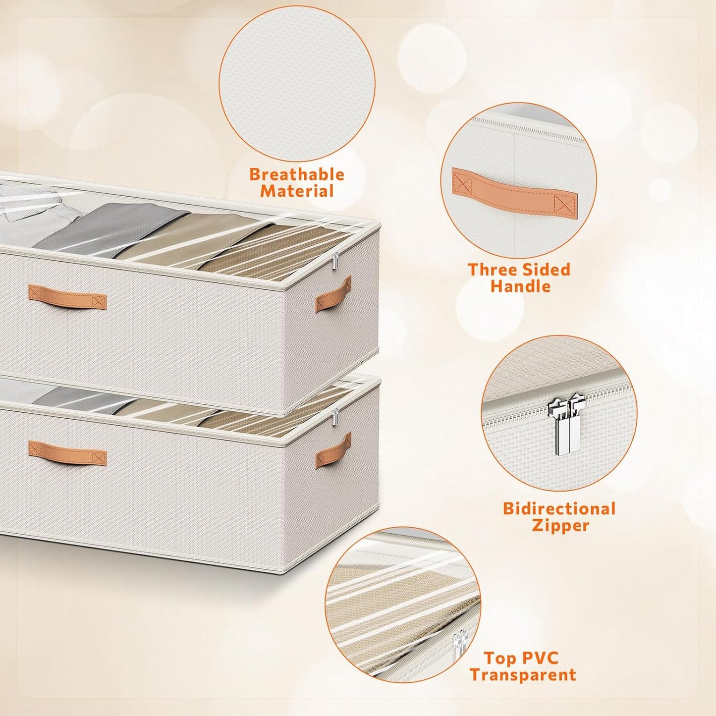 10inch 3 Pack Under Bed Storage Containers, 10 Inch Tall Underbed Clothes Storage Organizer Bin with Clear Window，Foldable Box Basket for Clothes, Closet, Bed Sheets and Blankets White
