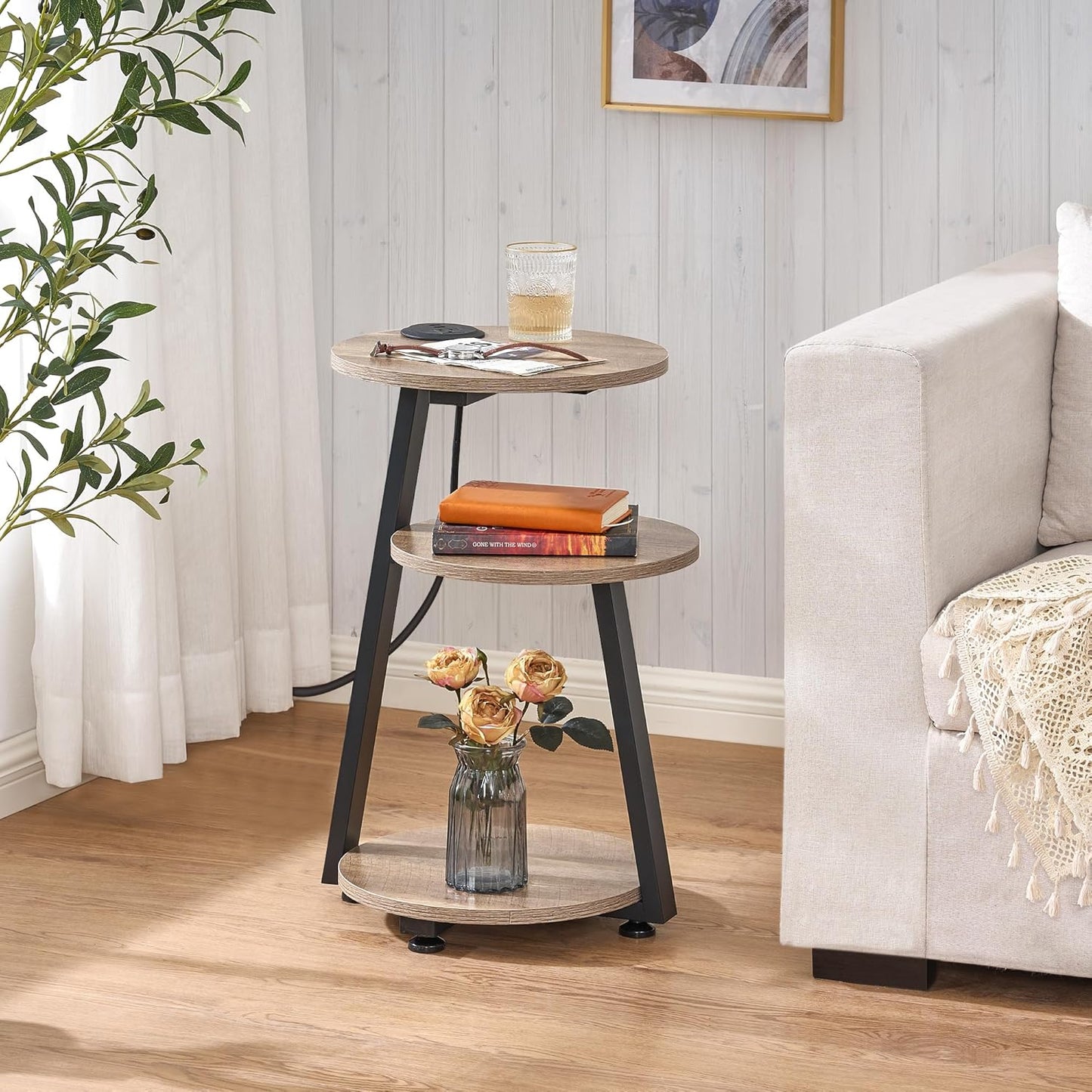BEWISHOME Round End Table with Charging Station, Side Accent Table with 3-Tier Shelves, Small Couch Table for Living Room Greige KTZ51G