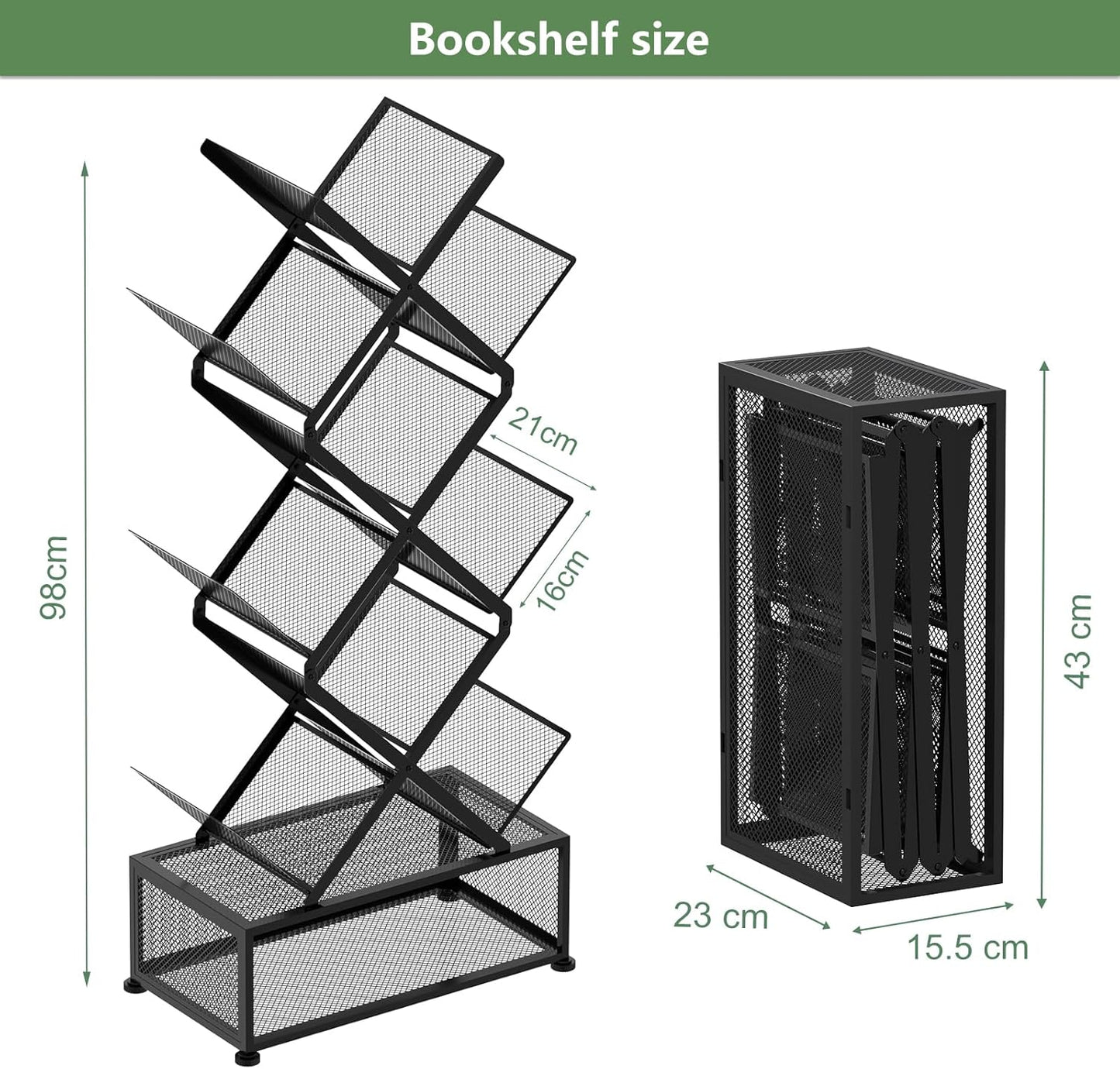 Gintan 9-Tier Space Saving Book Shelf with Storage,Bedroom Shelves Folding Bookshelves,No Installation Required Shelf Tree Metal Bookshelf for Living Room,Study,Home Office,Bed Room (Black)