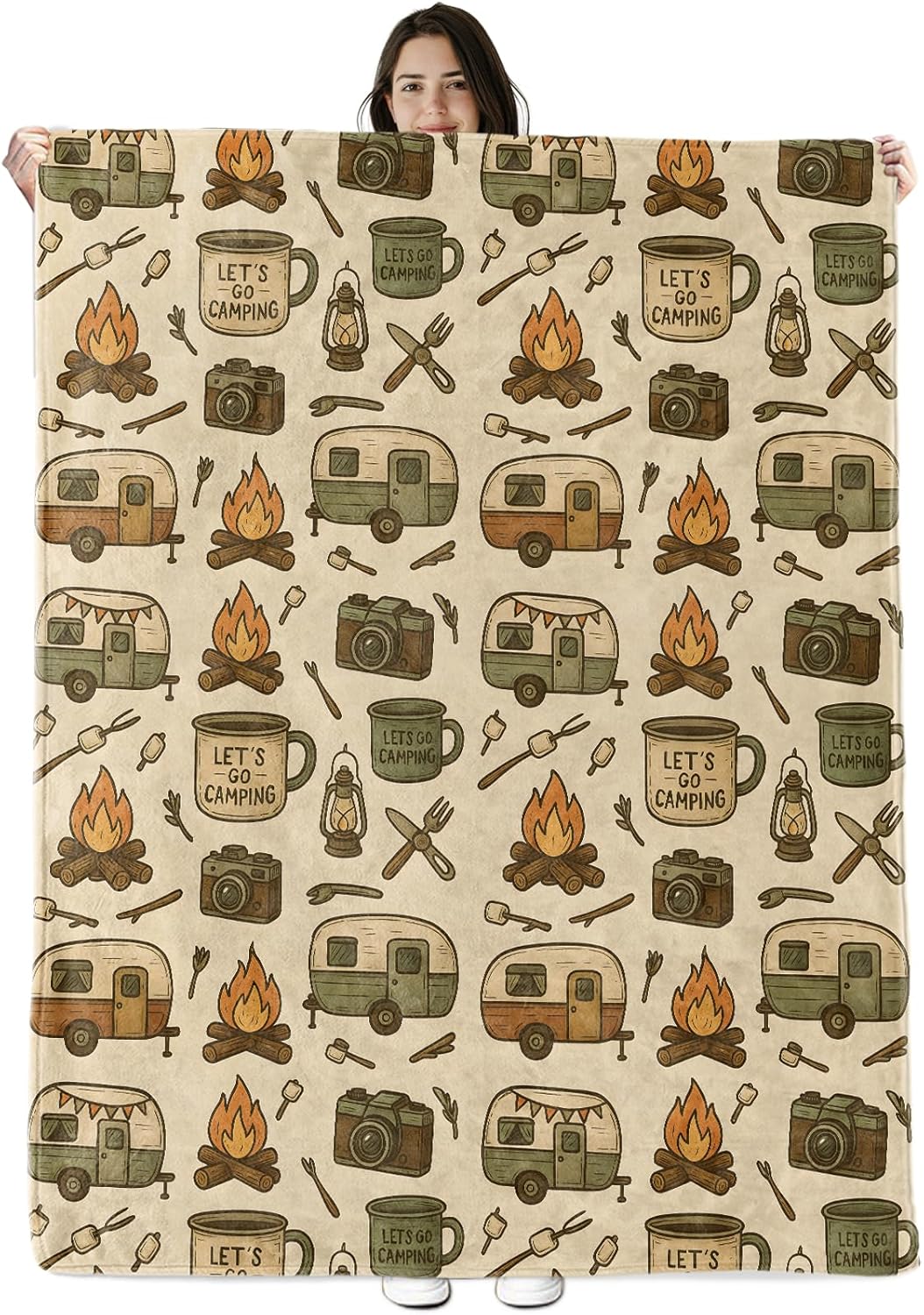 Camping Blanket Gifts for Boys Girls Kids, Retro Camper Van Campfire Warm Soft Flannel Throw Blankets for Travel, Sofa, Living Room, Bedroom Decor, 50x60 in