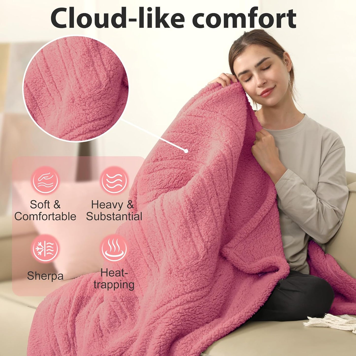 Heated Throw Blanket Cozy 50"x 60" Heated Sherpa Throw Electric Blanket, 5 Heating Levels, 4 Hour Shut Off, Machine Washable, ETL Safe, Rose Pink