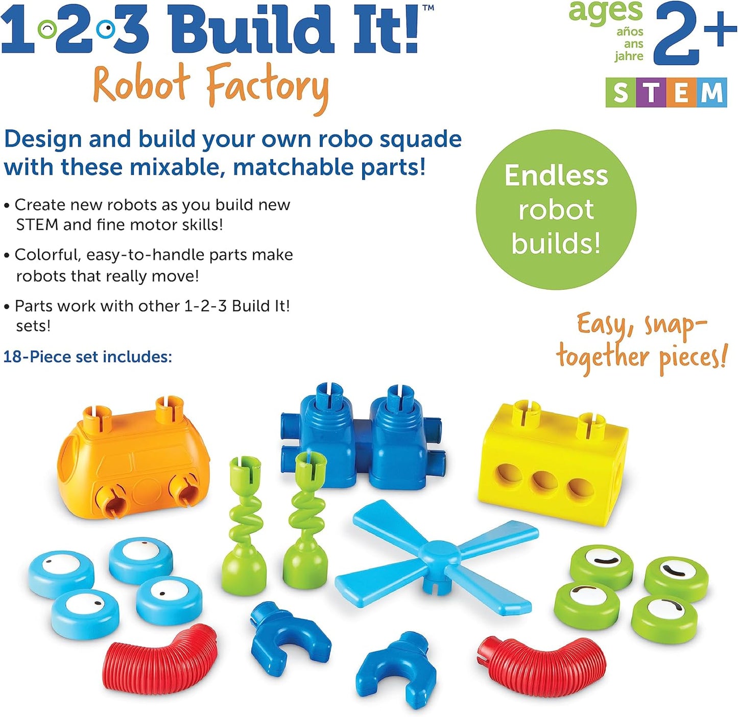 Learning Resources 1-2-3 Build It! Robot Factory - Building Toys, Early Engineering and Science, STEM Activities, Fine Motor Skills, Toddler Explorer Kit, Construction Bots, Boys and Girls Gifts