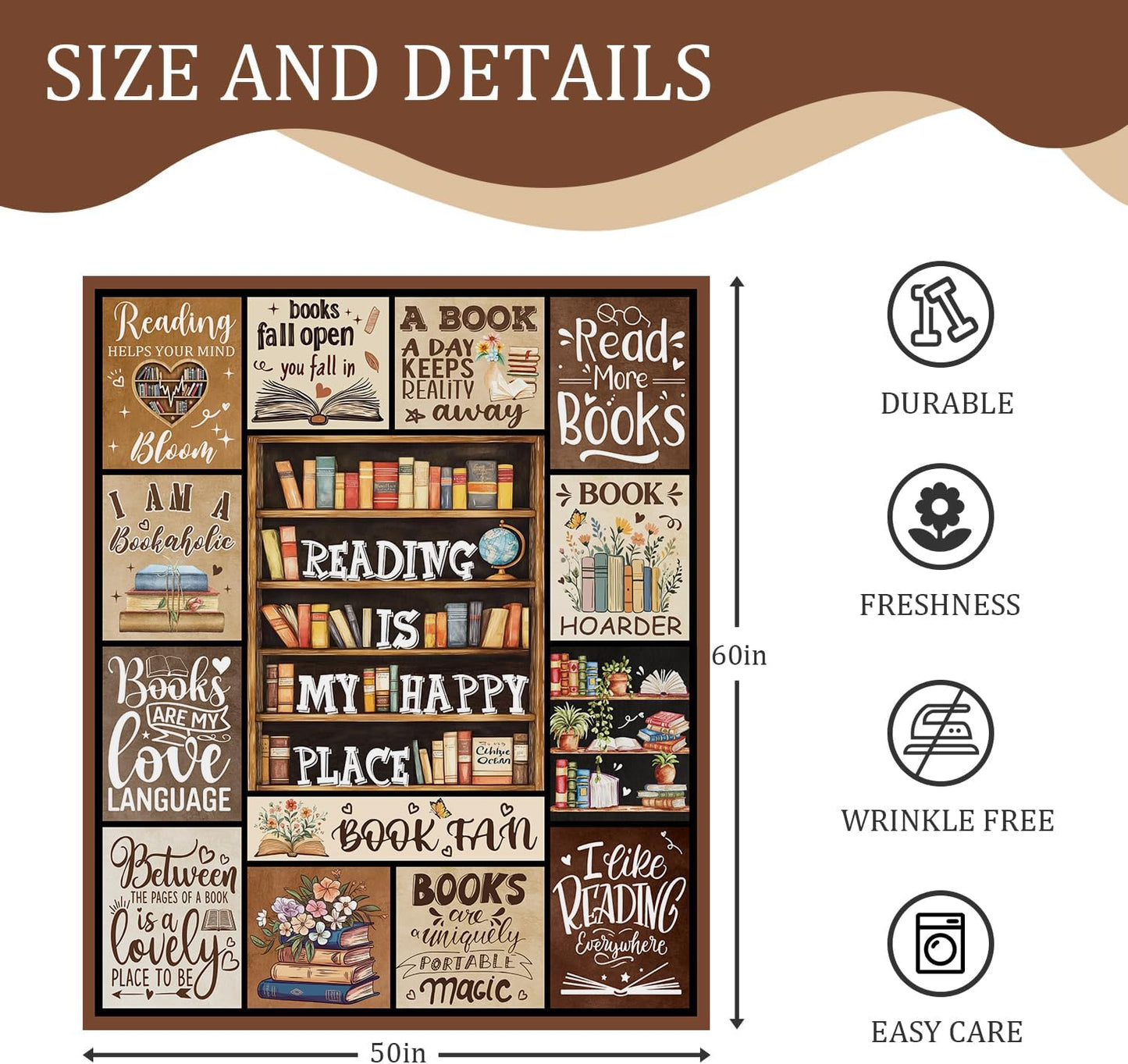 Book Lover Blanket Reading Throw Blanket Bookshelf Design Soft Flannel Fleece Throw Cozy Sofa Couch Bed Library Decor for Readers Bookworms, 50 x 60 Inch