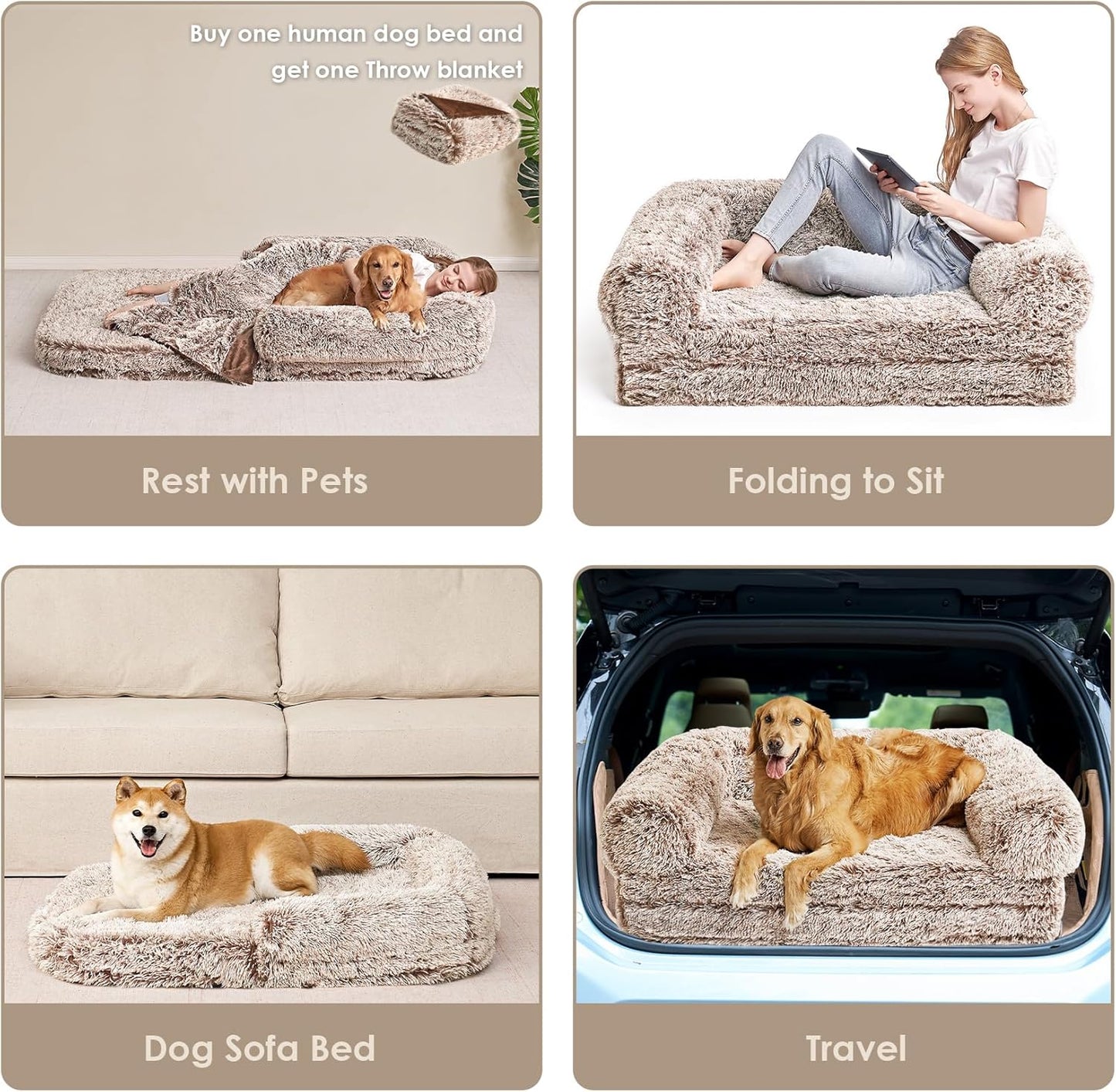 EHEYCIGA Foldable XXL Dog Bed for Large Sized Dog, 54"x38"x7.5" Faux Fur Fluffy Pet Couch Bed, Orthopedic Calming Memory Foam Big Pet Bed, Washable Pet Sofa Bed with Non-Slip Bottom, Faded Brown