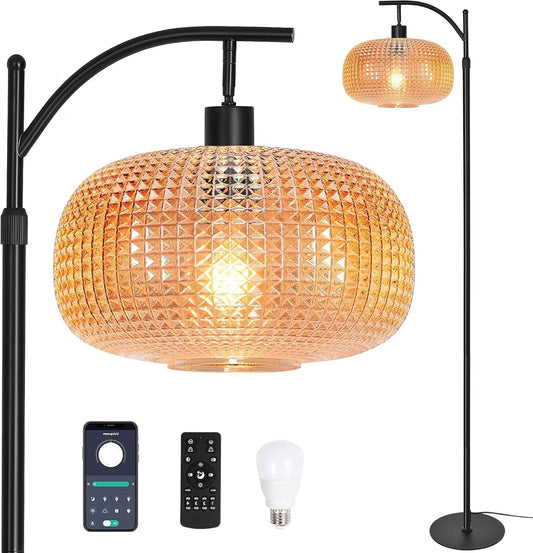 Modern Floor Lamps for Living Room, Dimmable Tall Standing Lamp with Amber Shade & Remote Control, Glass Floor Lamps for Bedroom Office Corner, 1 x 12W LED Bulb Included