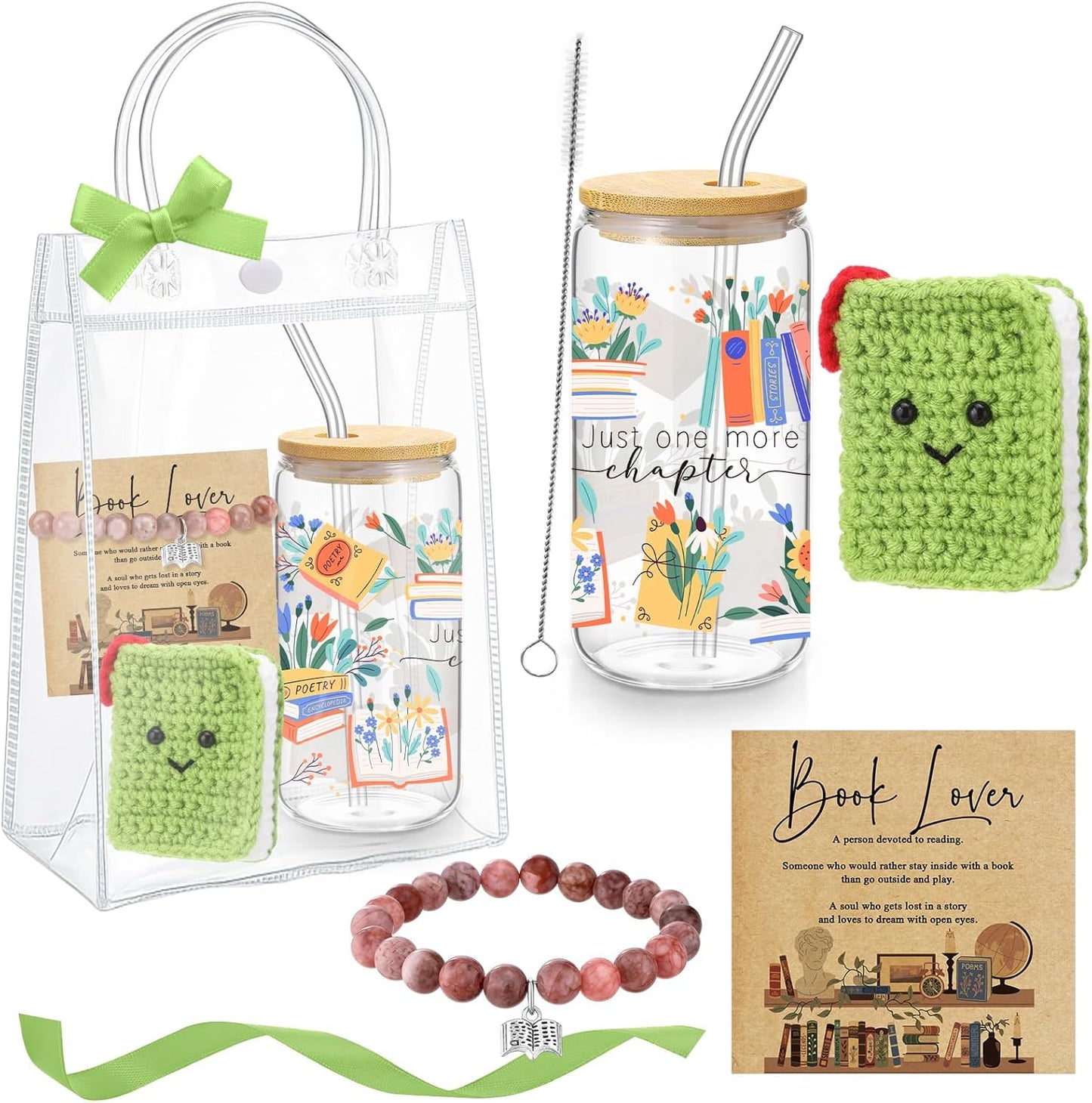 Roshtia 6 Pcs National Reading Month Librarian Gifts Book Lover Gift Glass Cup with Lid and Straw Crocheted Book Doll Bracelet Card for Women Reader Bookish Librarian Bookworm Birthday Gifts