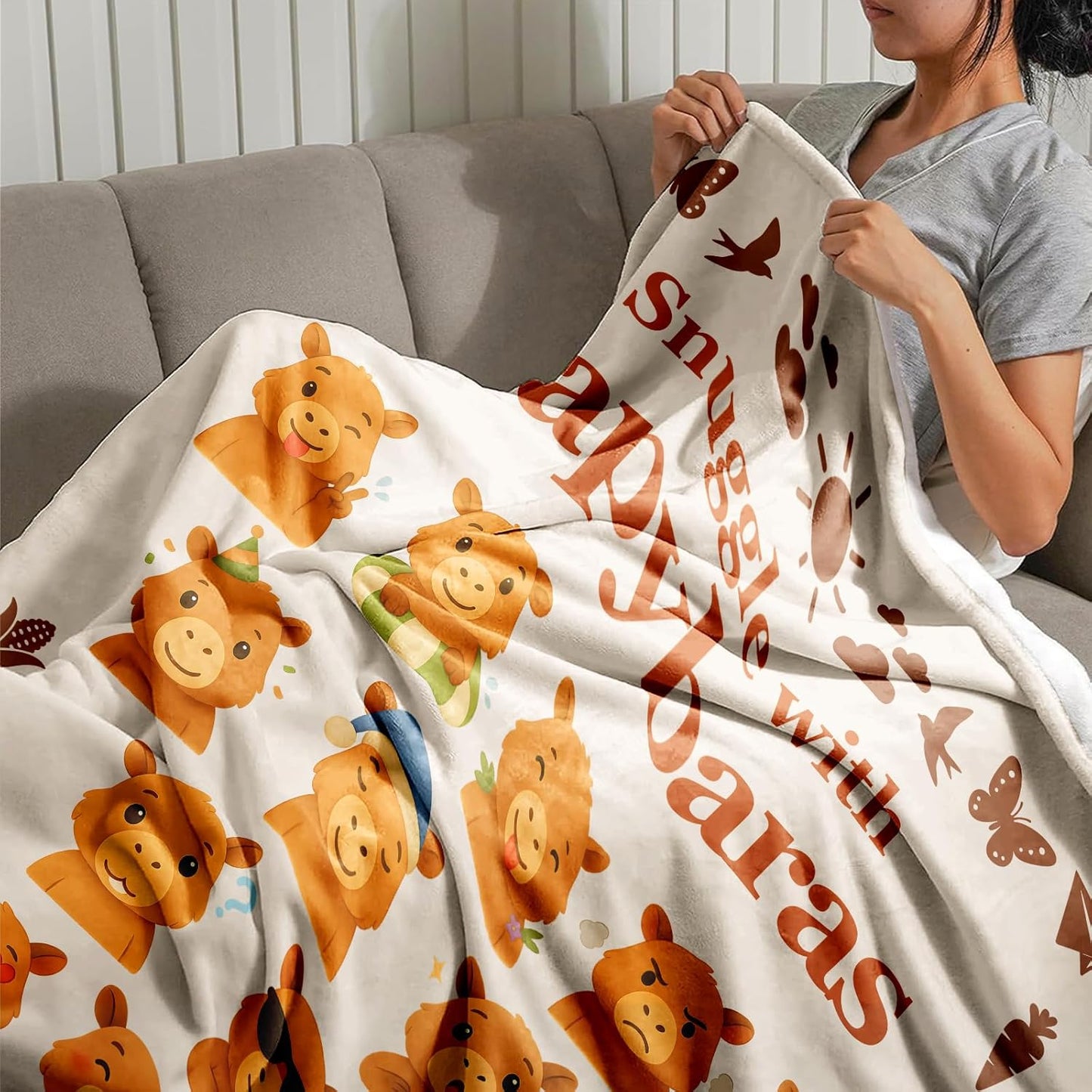 Capybara Throw Blanket Gift — Cute Kawaii Cartoon Capybara, Cozy Decor for Kids, Teens & Women, Birthday Christmas Mother's Day, Couch Bed Travel Comfort, Size 50'' x 60''