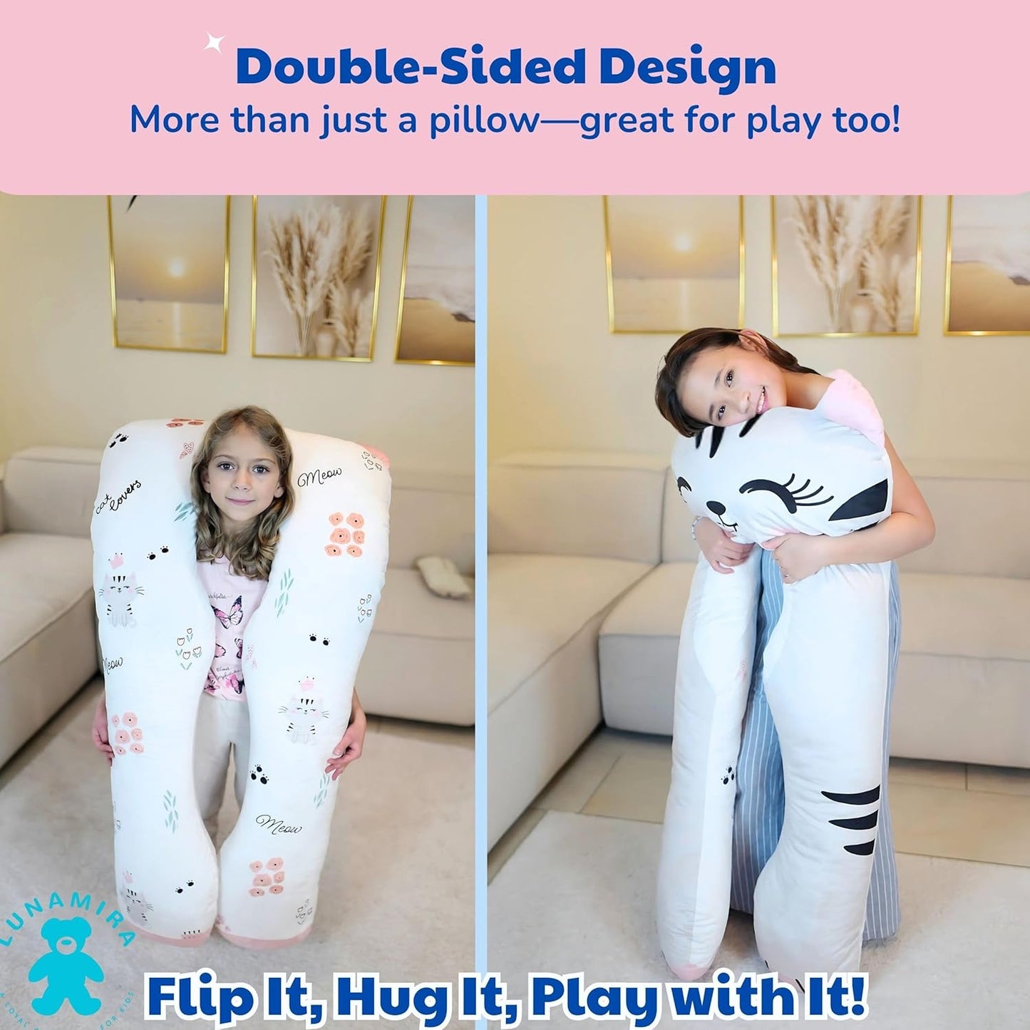 LUNAMIRA Cat Kids Body Pillow - 47" U-Shape Long Plush Soft Animal Pillow for Kids, Sleeping, Reading, ADHD & Special Needs Comfort, Anxiety, Washable Cover, Snuggle Fun Cuddle Gift for Boys & Girls