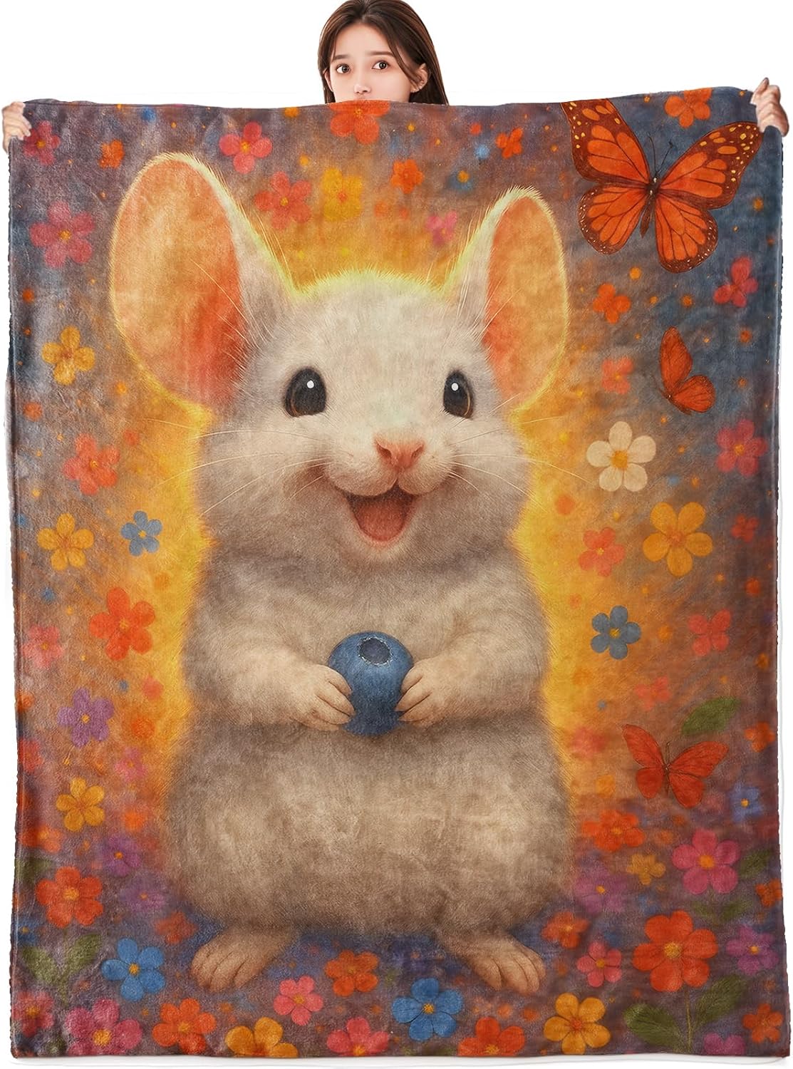 Cute White Mouse Blanket Flannel Throw Blankets for Animal Lovers, Lightweight Soft Cozy Cartoon with Blueberry Colorful Flower and Butterfly Print Sofa Couch Chair Bed Decor Gifts, 60x50inch
